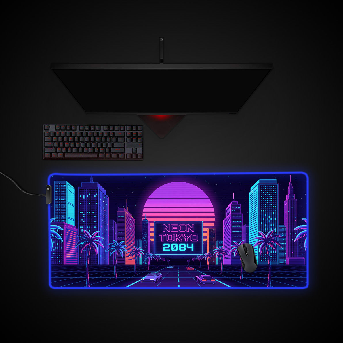 Neon Tokyo desk mat with RGB edge lighting