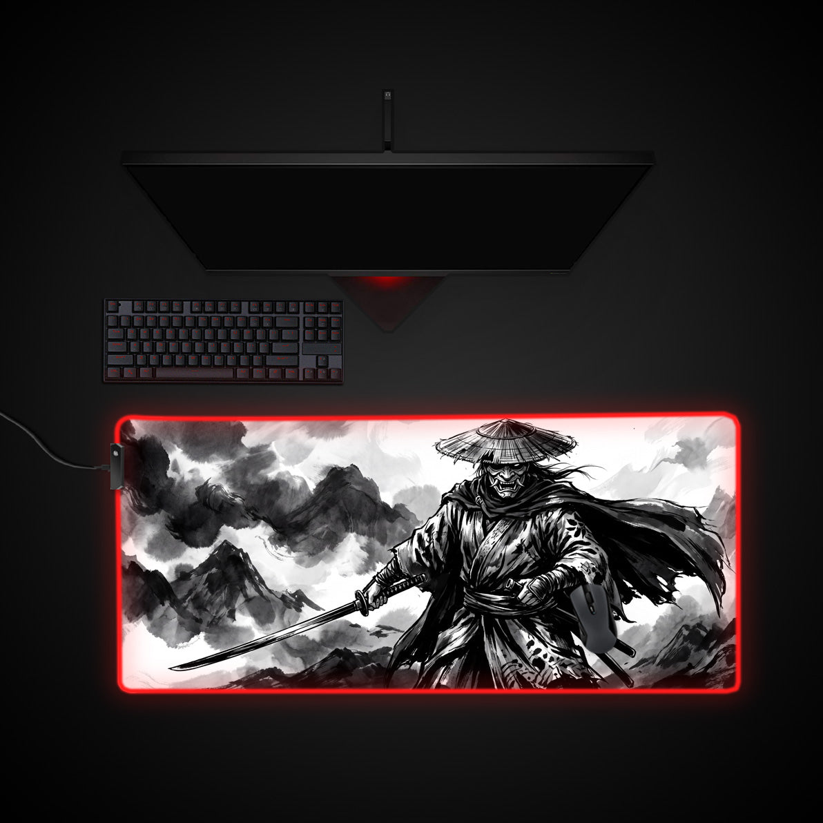 Ink Wash Samurai desk mat with RGB edge lighting