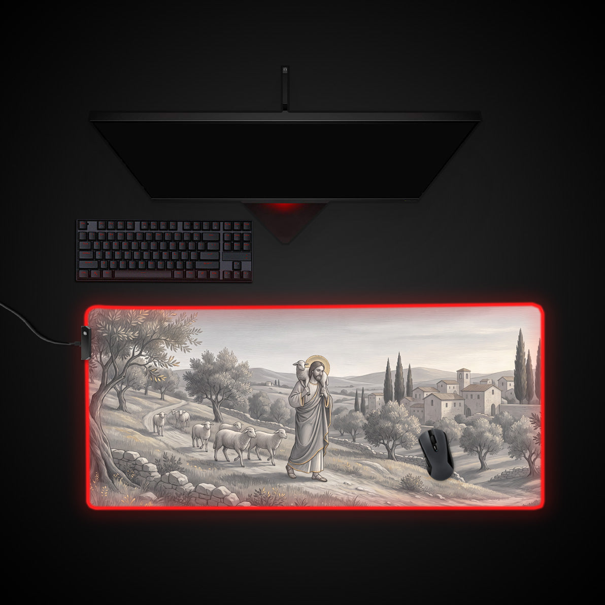Shepherd's Grisaille desk mat with RGB edge lighting
