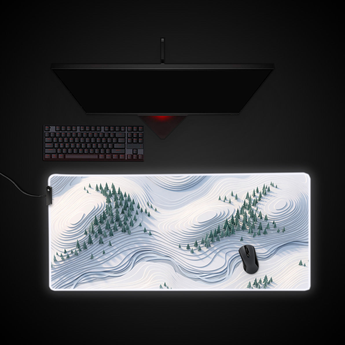 Hoarfrost Pines desk mat with RGB edge lighting