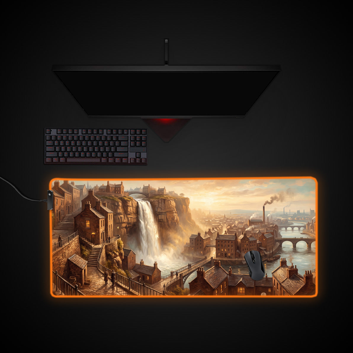 Brickwater Falls desk mat with RGB edge lighting