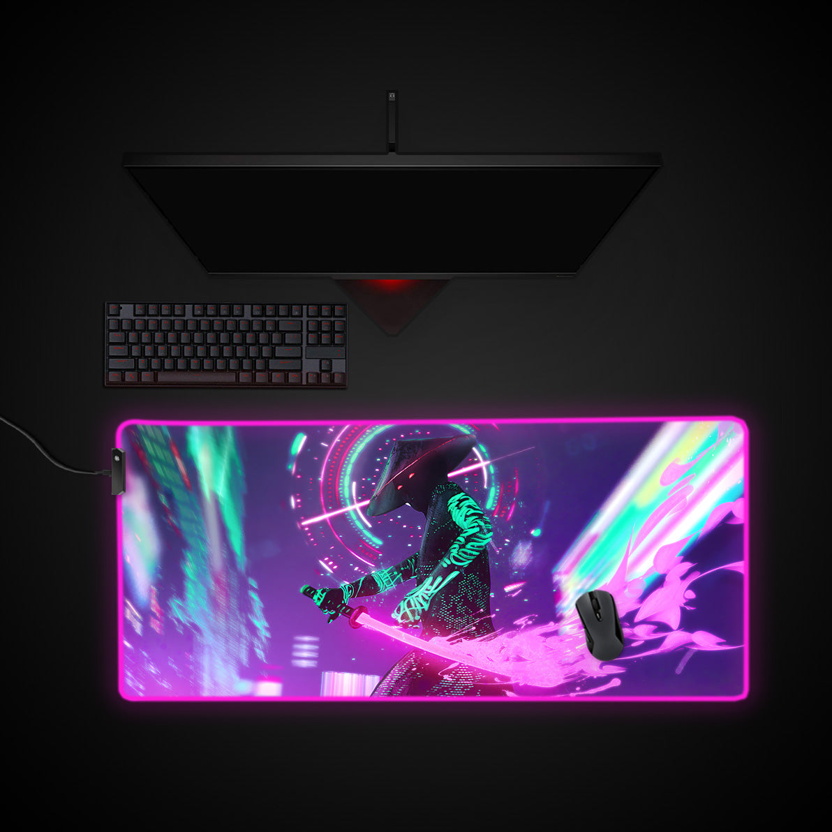Epic Cyberpunk Samurai Desk Pad desk mat with RGB edge lighting
