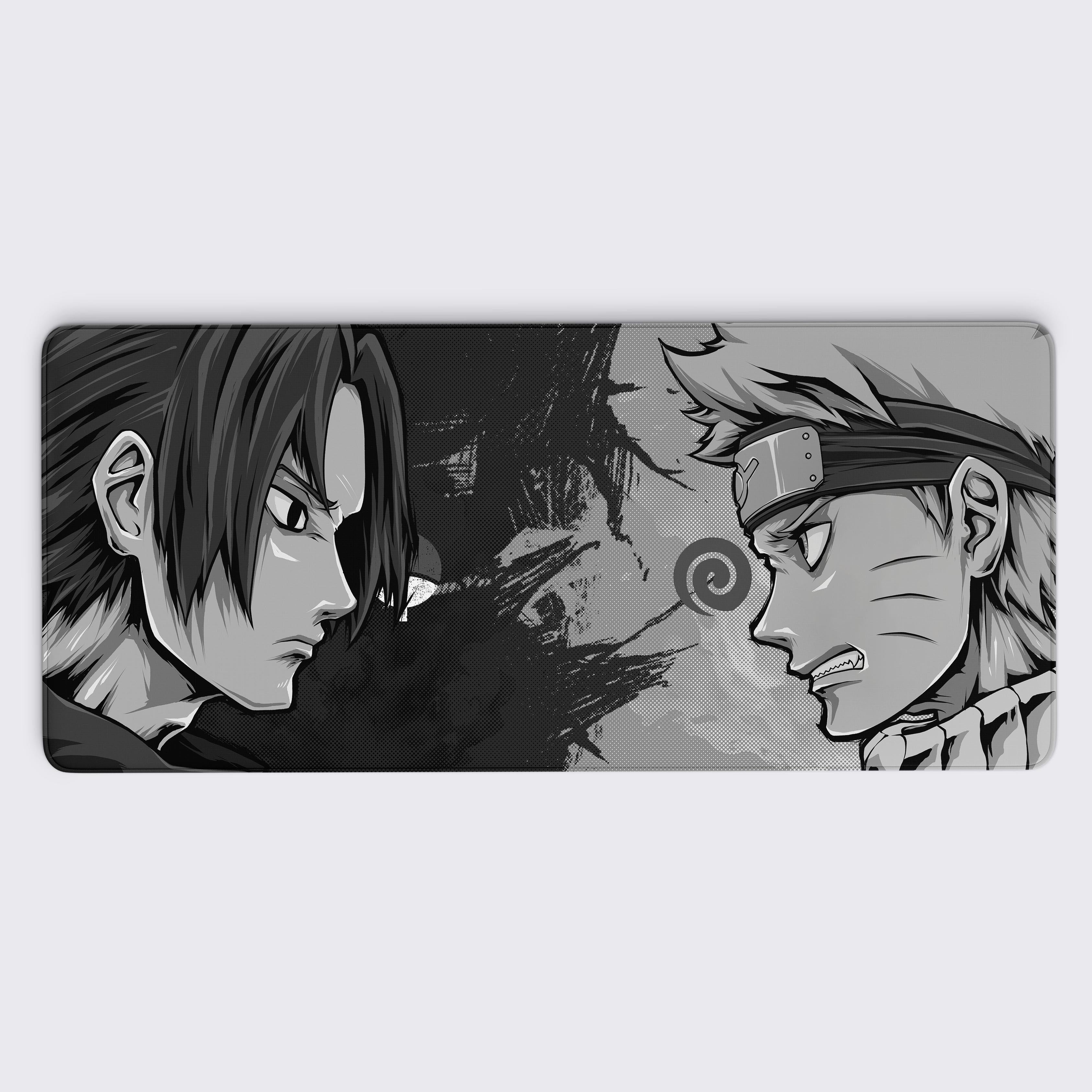 This Sasuke vs Naruto design desk mat captures the intense rivalry between two iconic characters, presenting them in a dramatic face-off. The grayscale aesthetic emphasizes the contrast between the characters, enhancing the tension and emotion in the design. Perfect for anime fans, this desk mat adds a bold and striking centerpiece to your workspace or gaming setup while providing a smooth, protective surface for your keyboard and mouse.