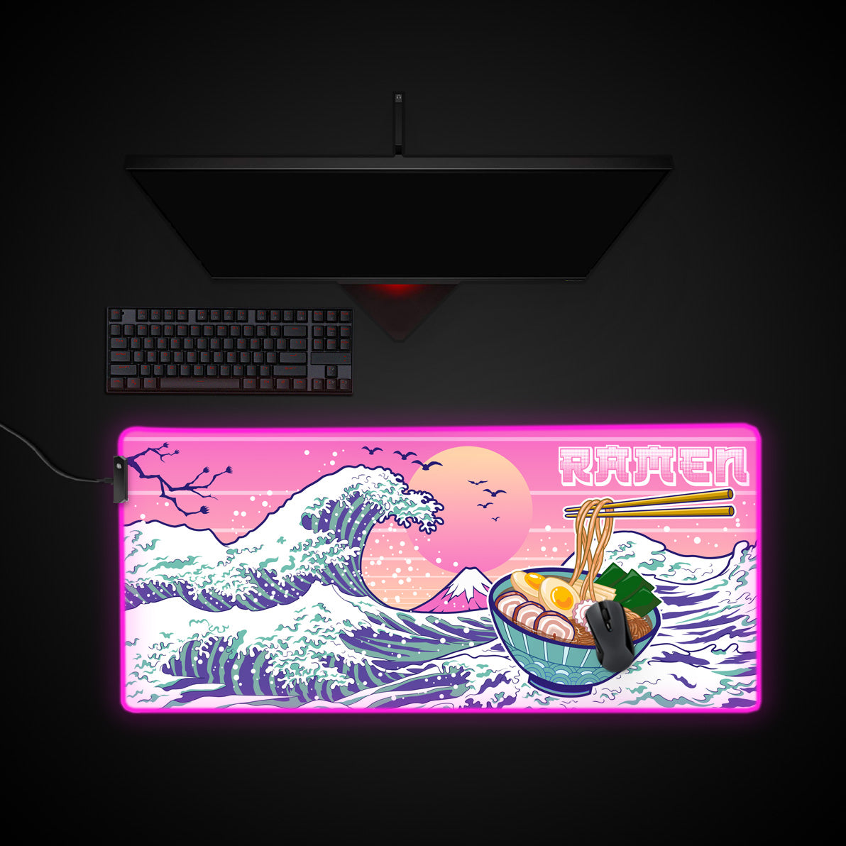 Ramen Great Wave Desk Pad desk mat with RGB edge lighting