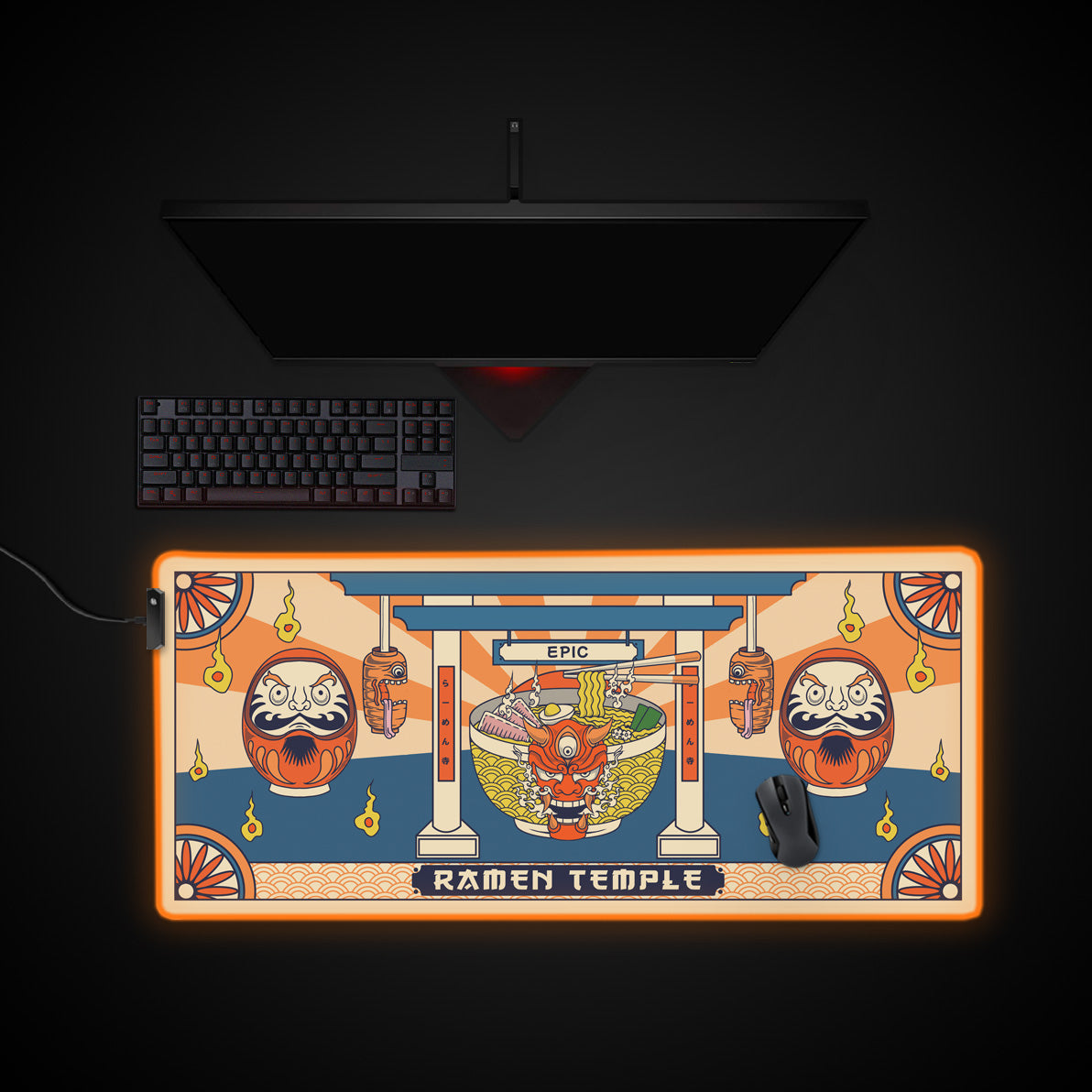 Ramen Temple Desk Pad desk mat with RGB edge lighting