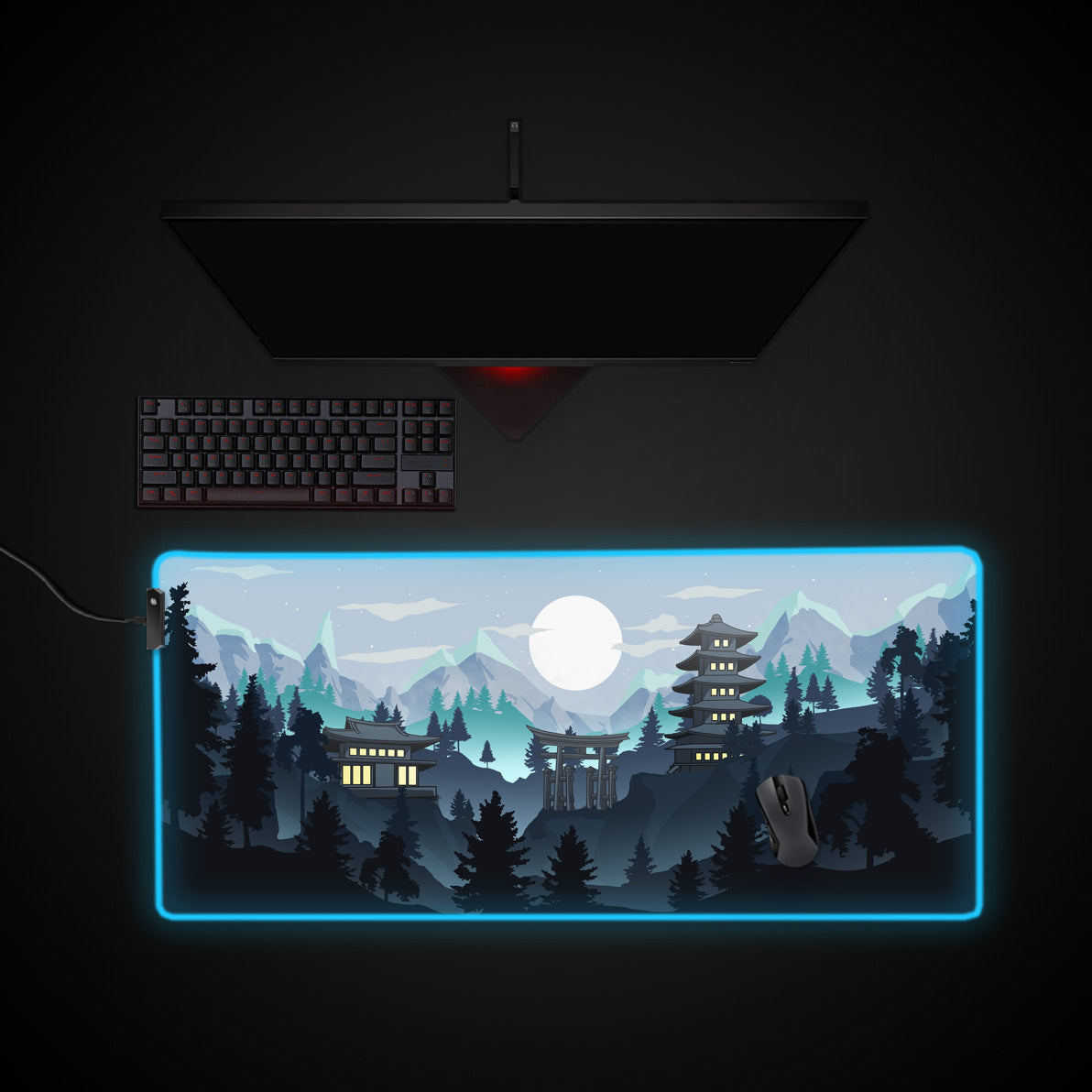 Winter Pagoda Desk Pad desk mat with RGB edge lighting