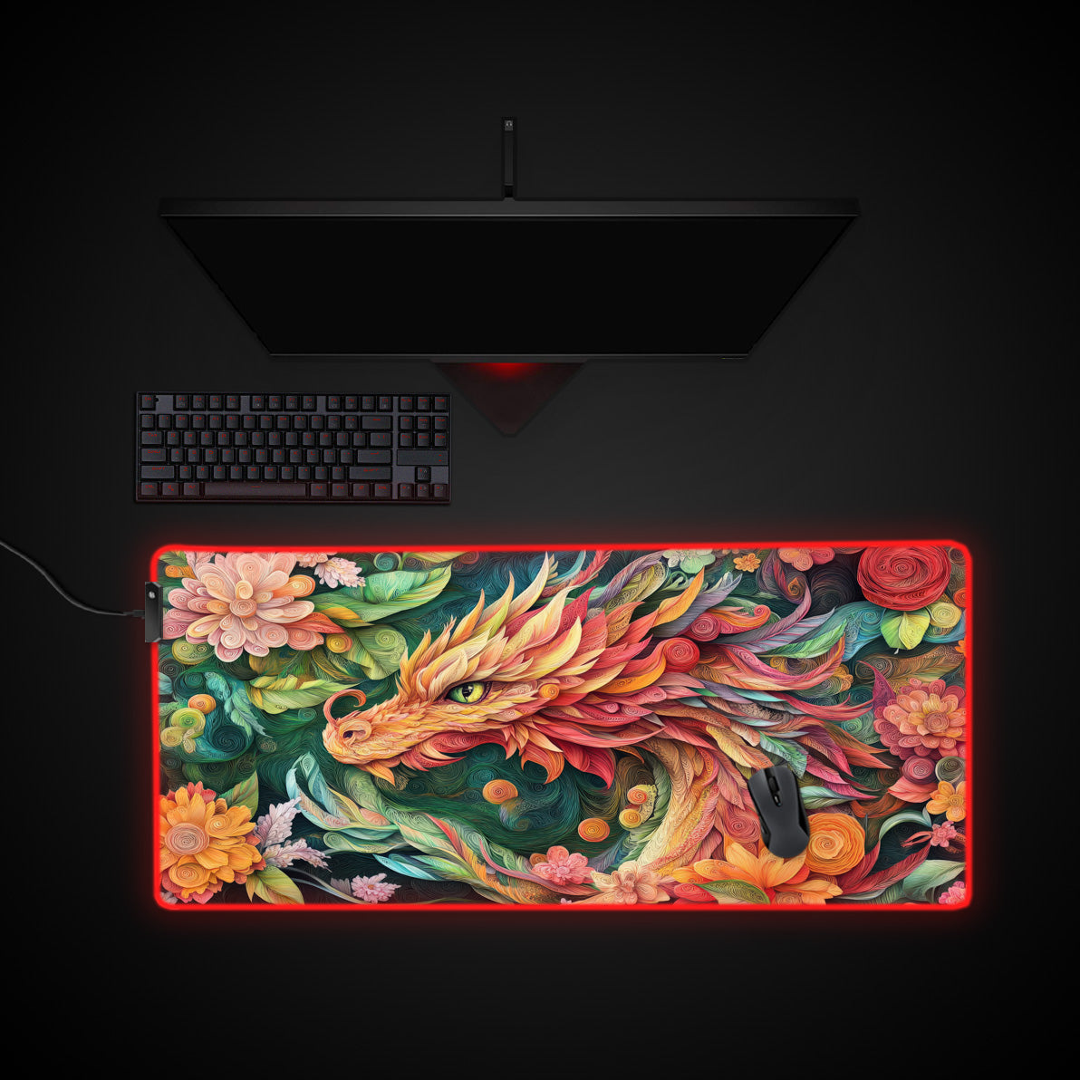 Blossoming Wyvern Desk Pad desk mat with RGB edge lighting