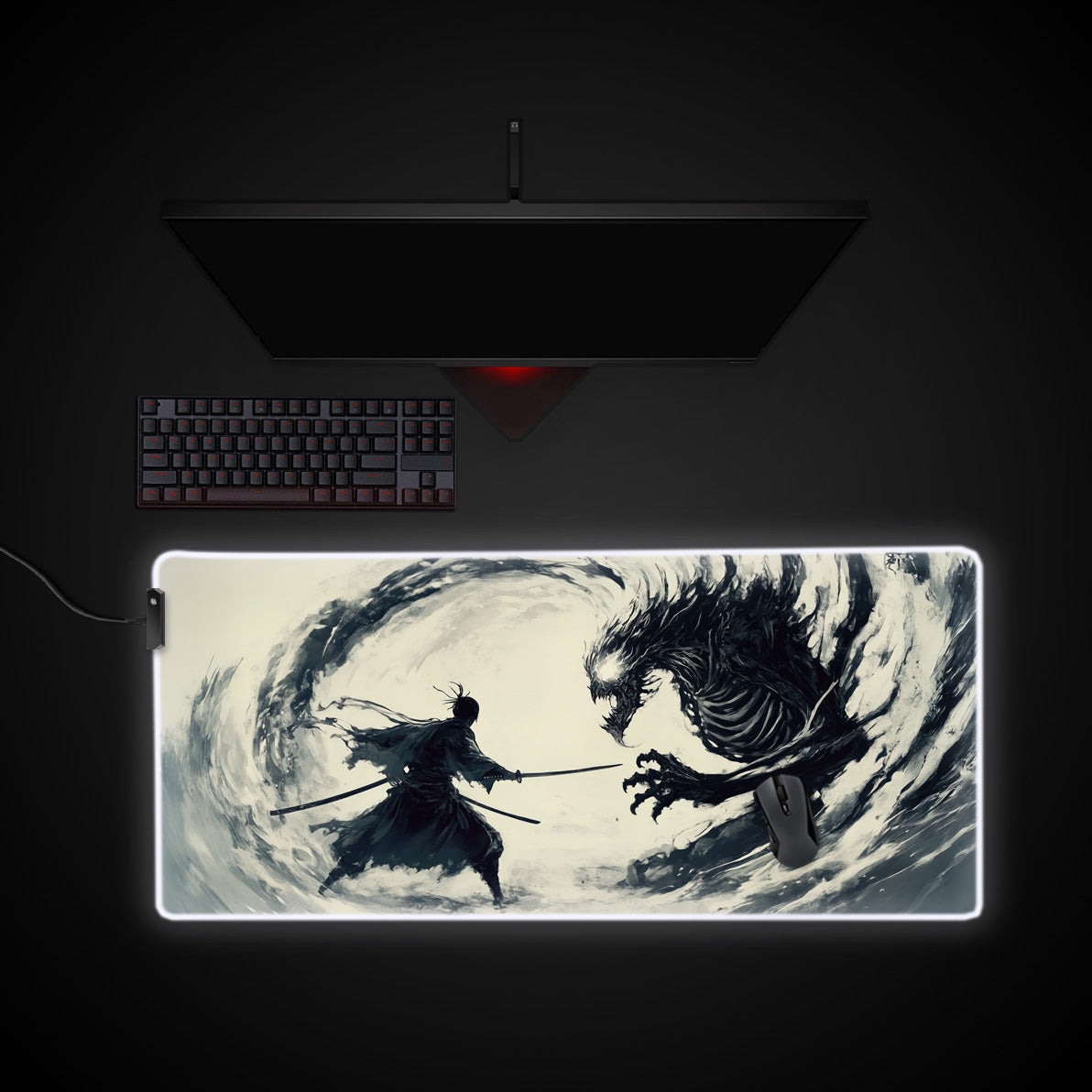 Samurai Vs Demon Desk Pad desk mat with RGB edge lighting
