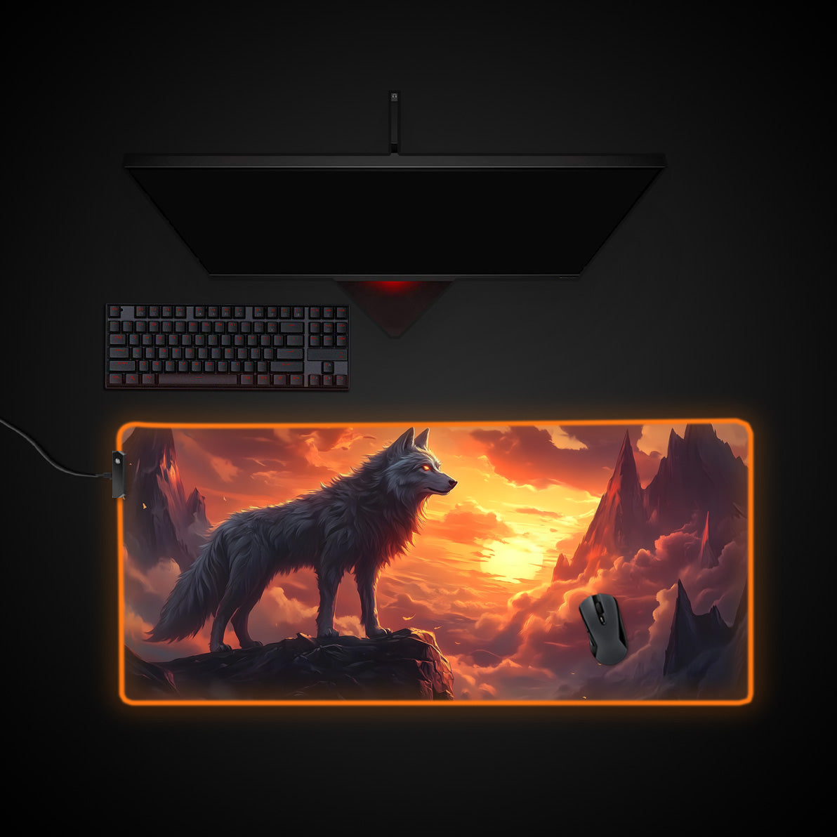 Giant Wolf Fantasy Desk Pad desk mat with RGB edge lighting