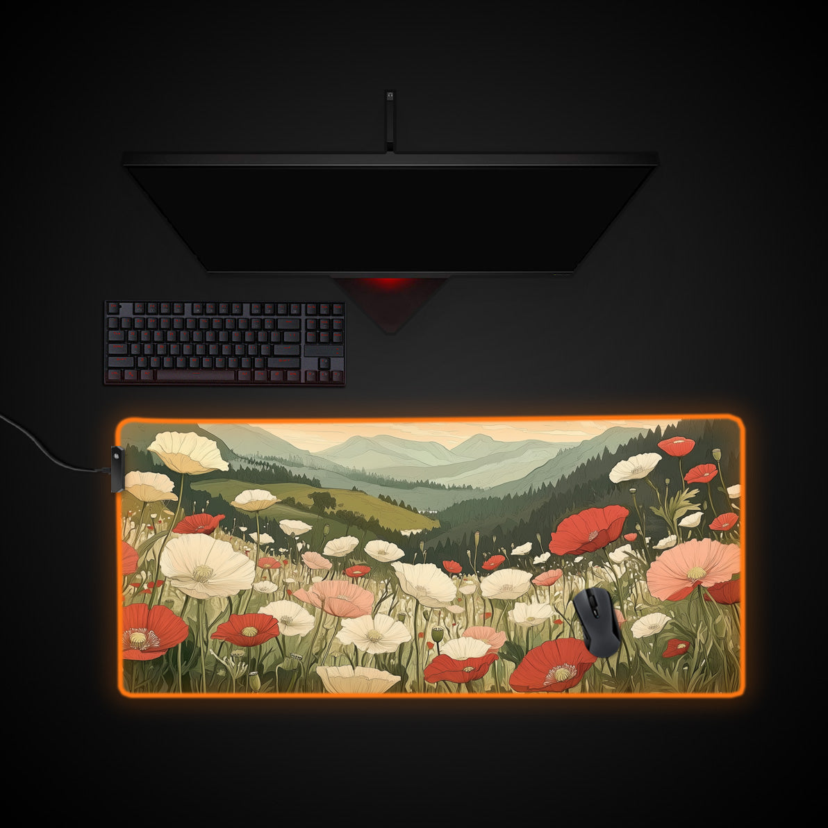 Poppy Wildflower Landscape Desk Pad desk mat with RGB edge lighting