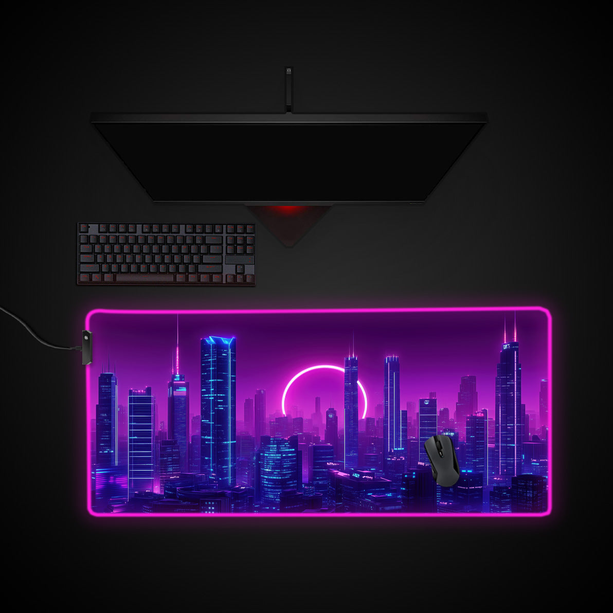 Vaporwave Neon City Desk Pad desk mat with RGB edge lighting