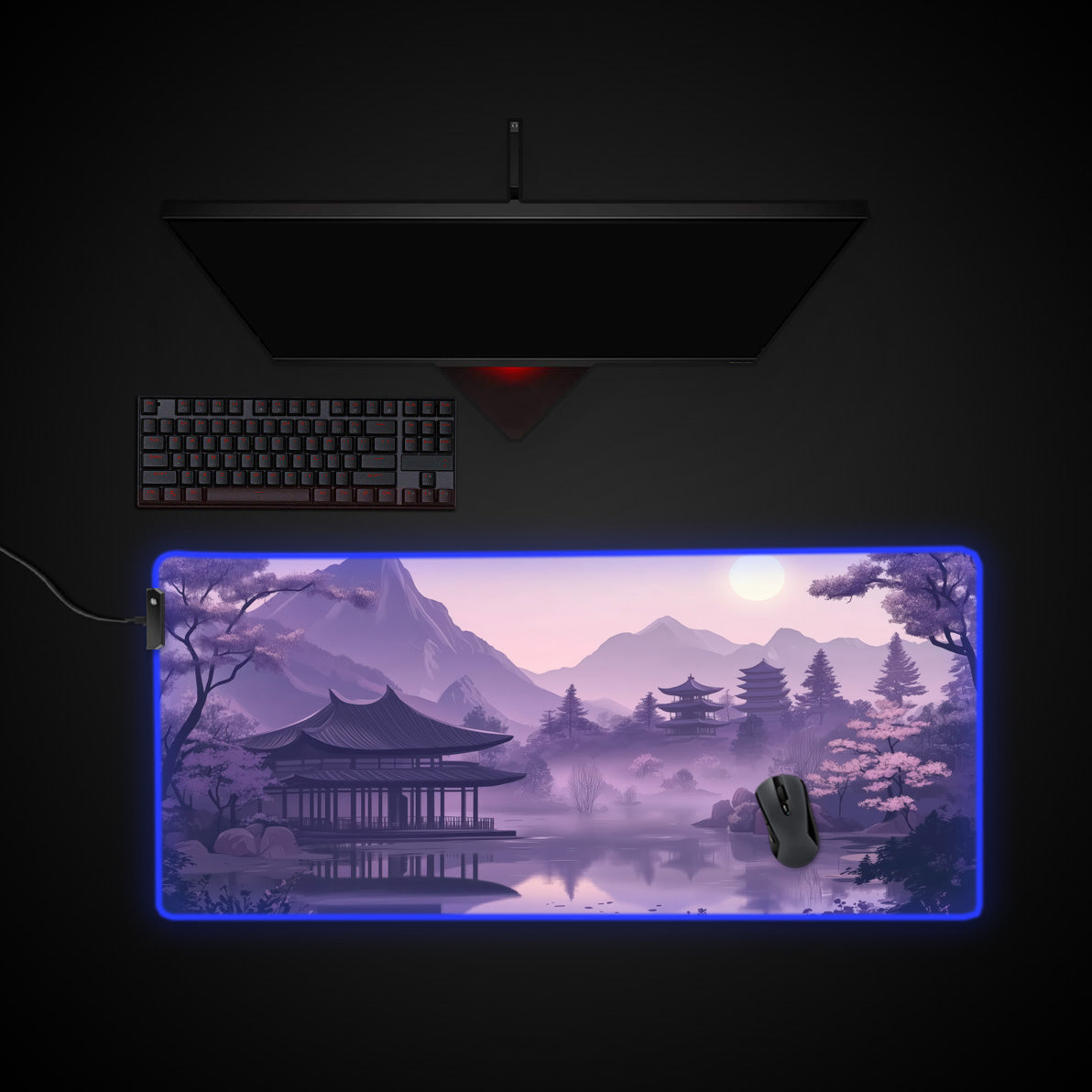 Purple Japanese Desk Pad desk mat with RGB edge lighting