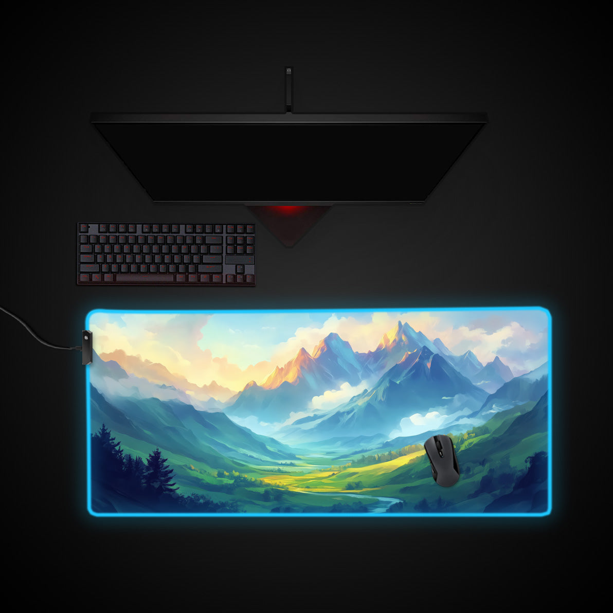 Scenic Mountain Desk Pad desk mat with RGB edge lighting