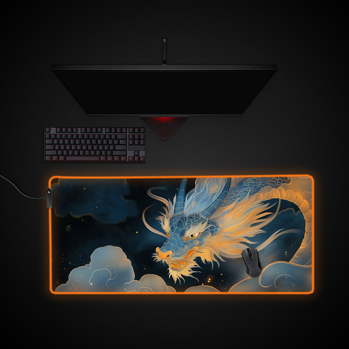 Blue Japanese Dragon Desk Pad desk mat with RGB edge lighting