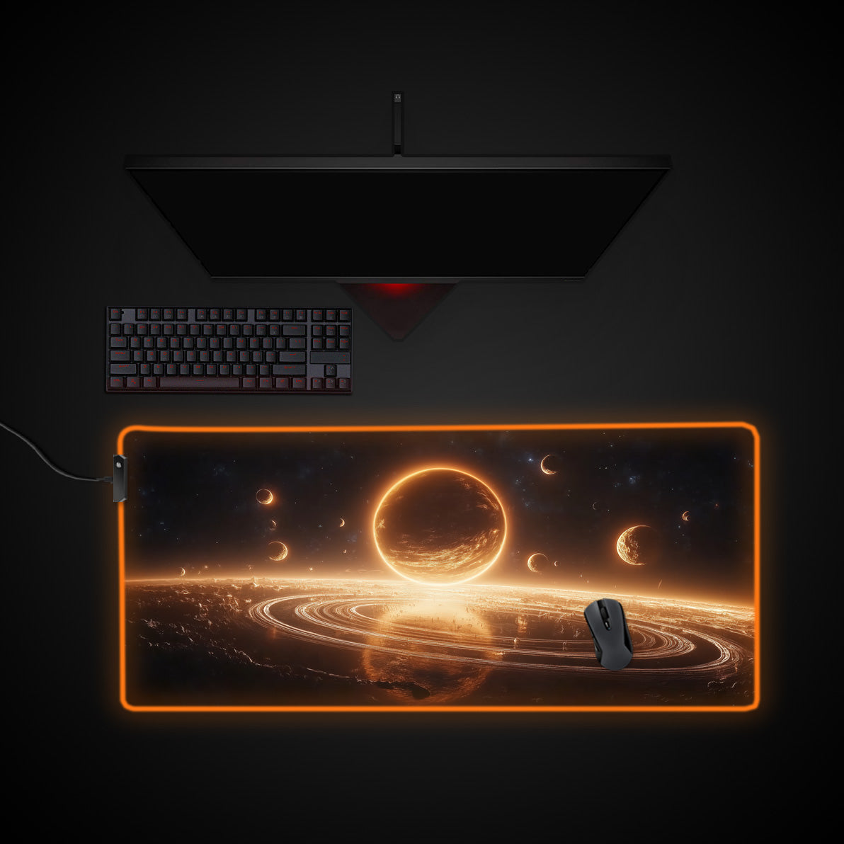 Cosmic Rings & Moons Desk Pad desk mat with RGB edge lighting