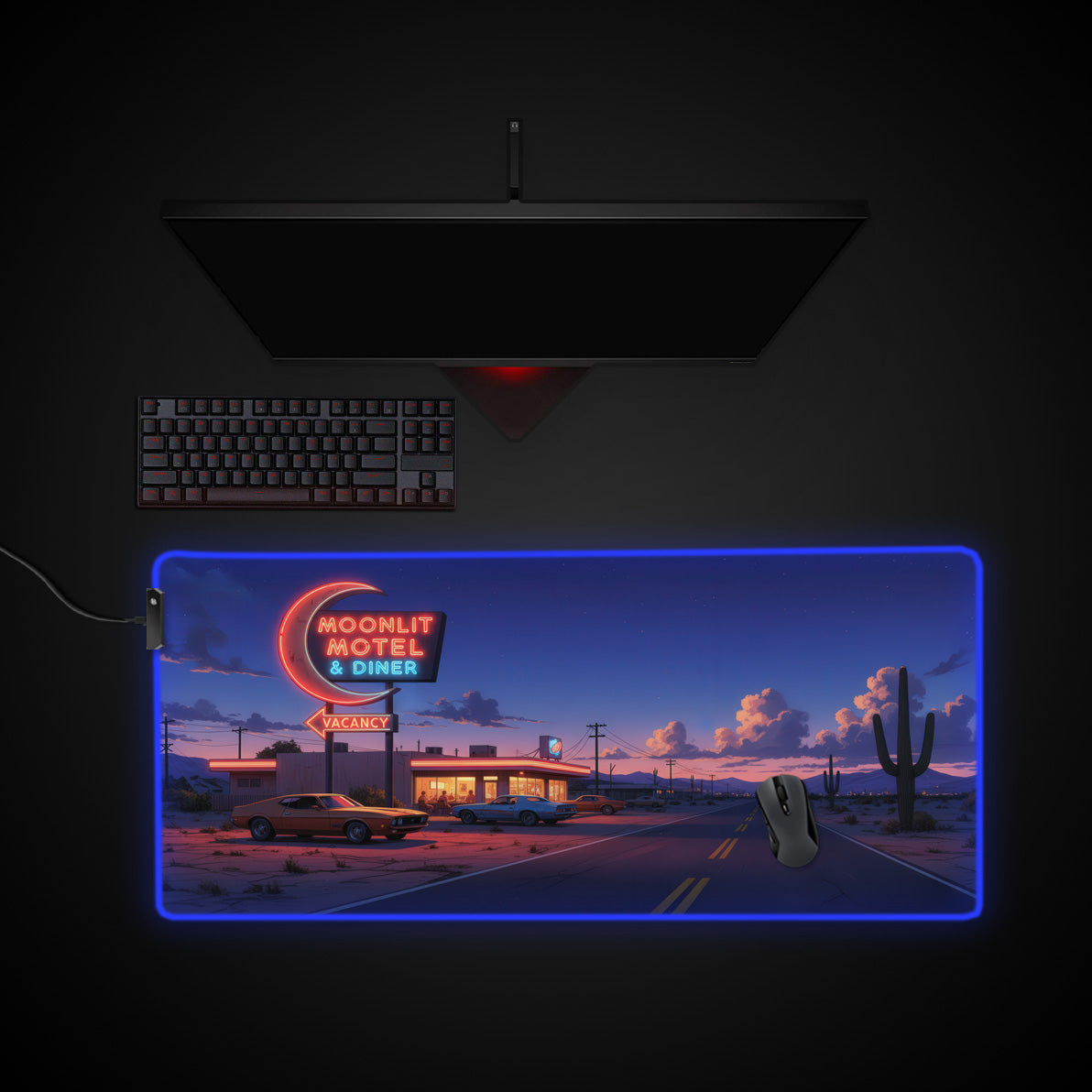 Retro Roadside desk mat with RGB edge lighting