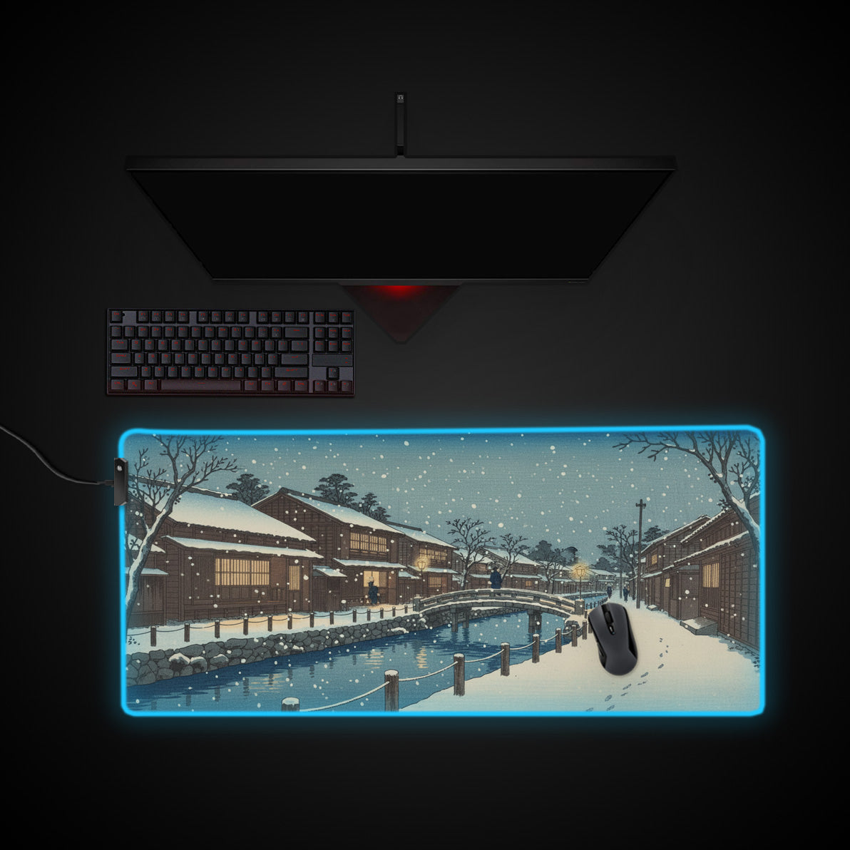 Winter Village desk mat with RGB edge lighting