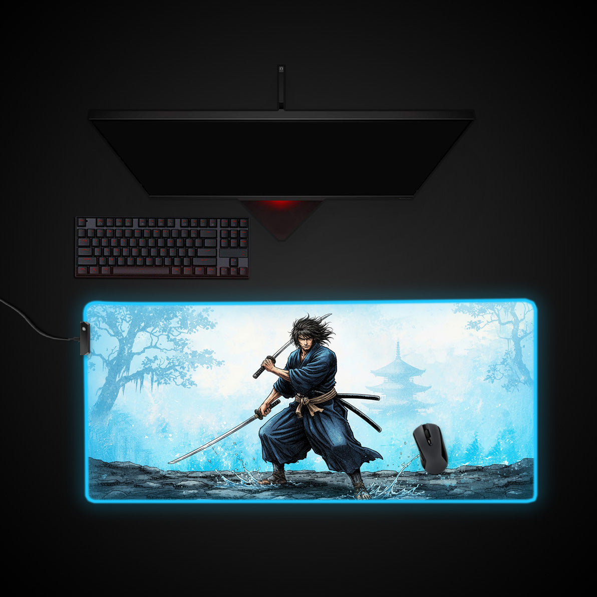 Legendary Swordsman desk mat with RGB edge lighting
