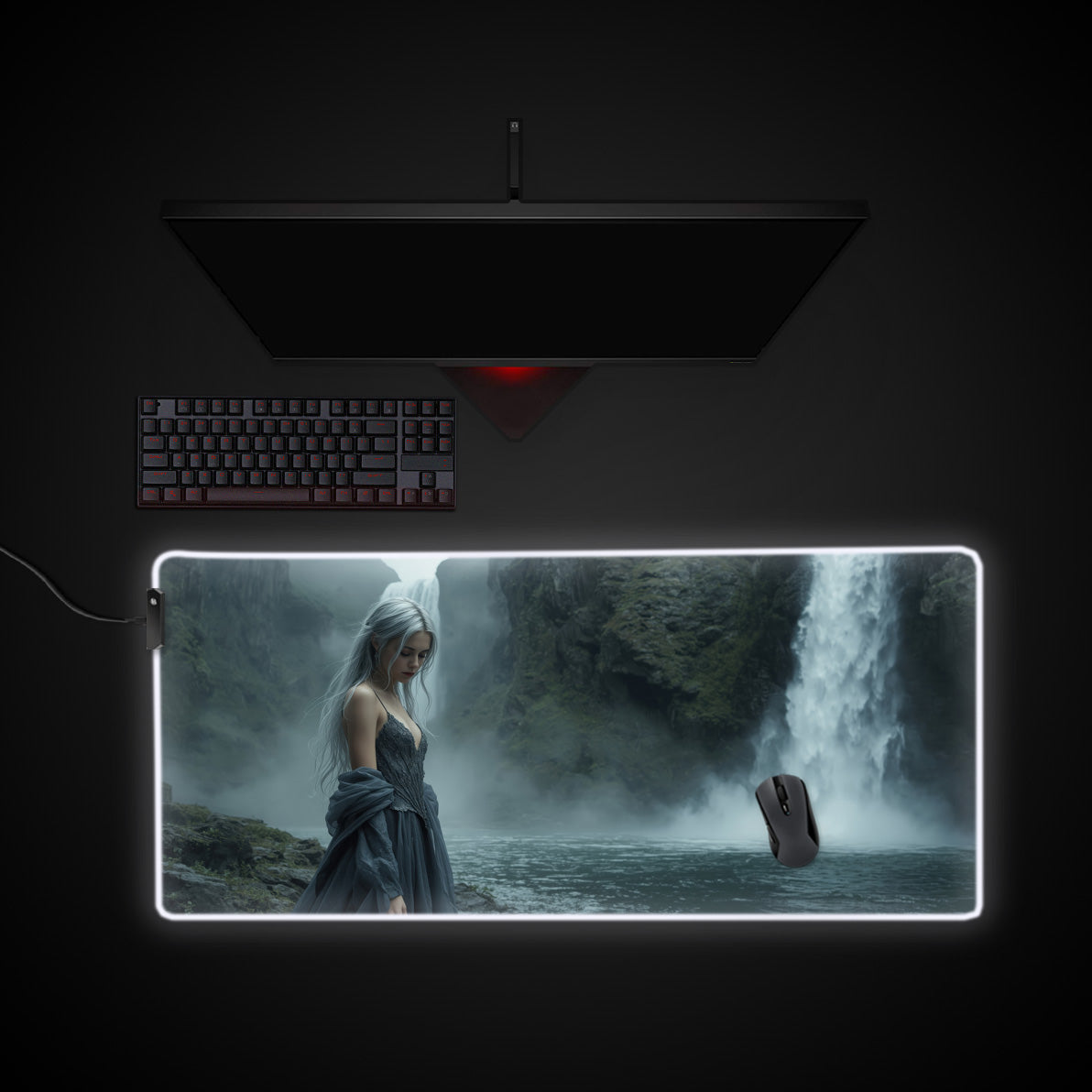 Silver Maiden desk mat with RGB edge lighting