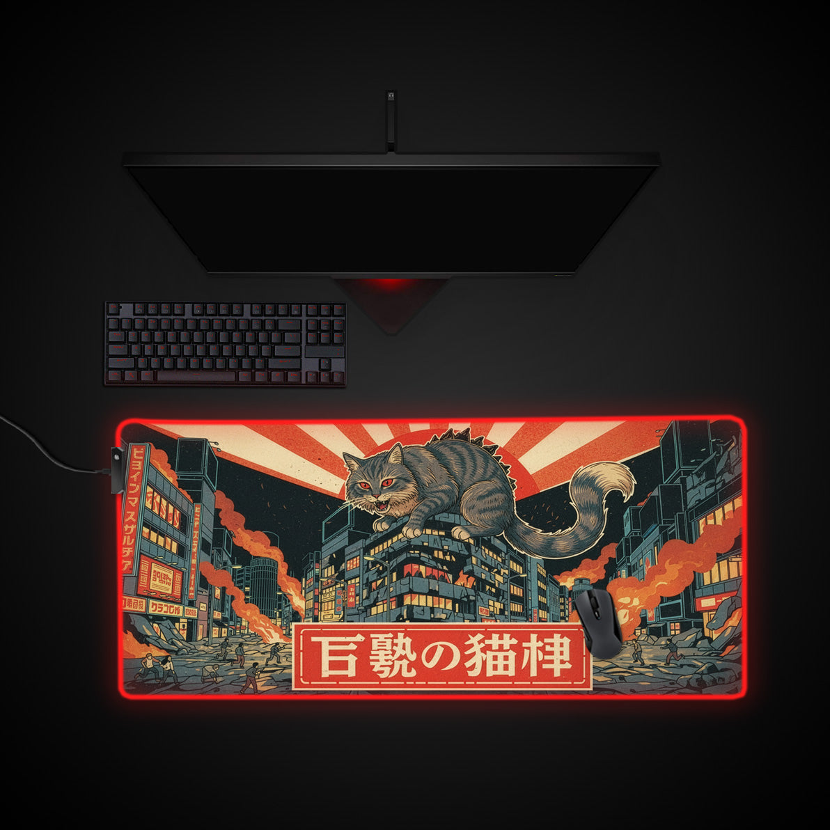 Catzilla desk mat with RGB edge lighting