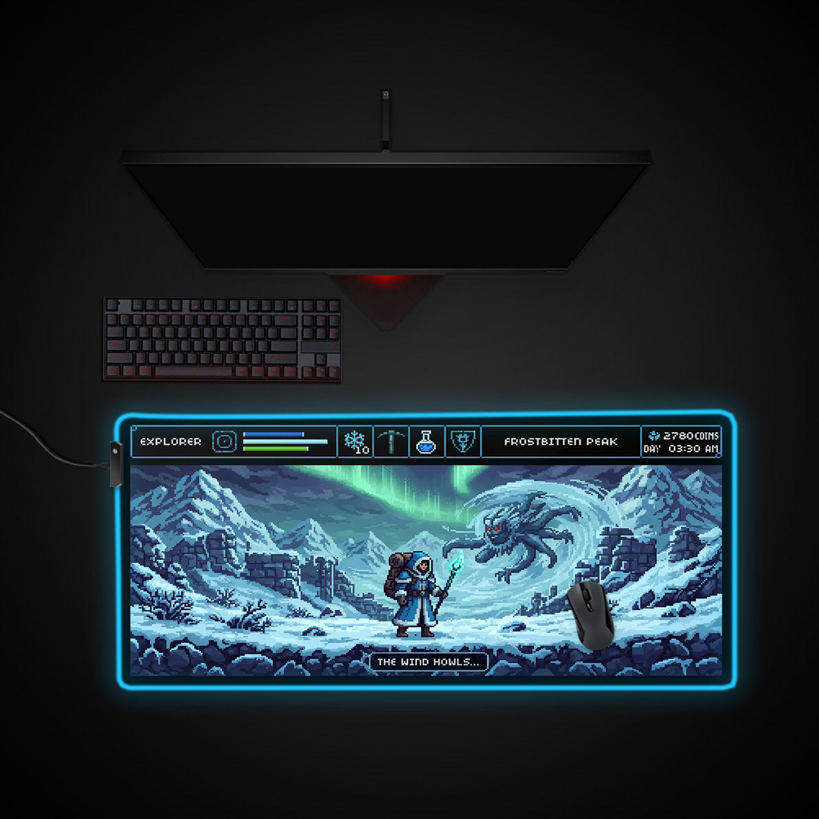 Frostbitten Peak desk mat with RGB edge lighting
