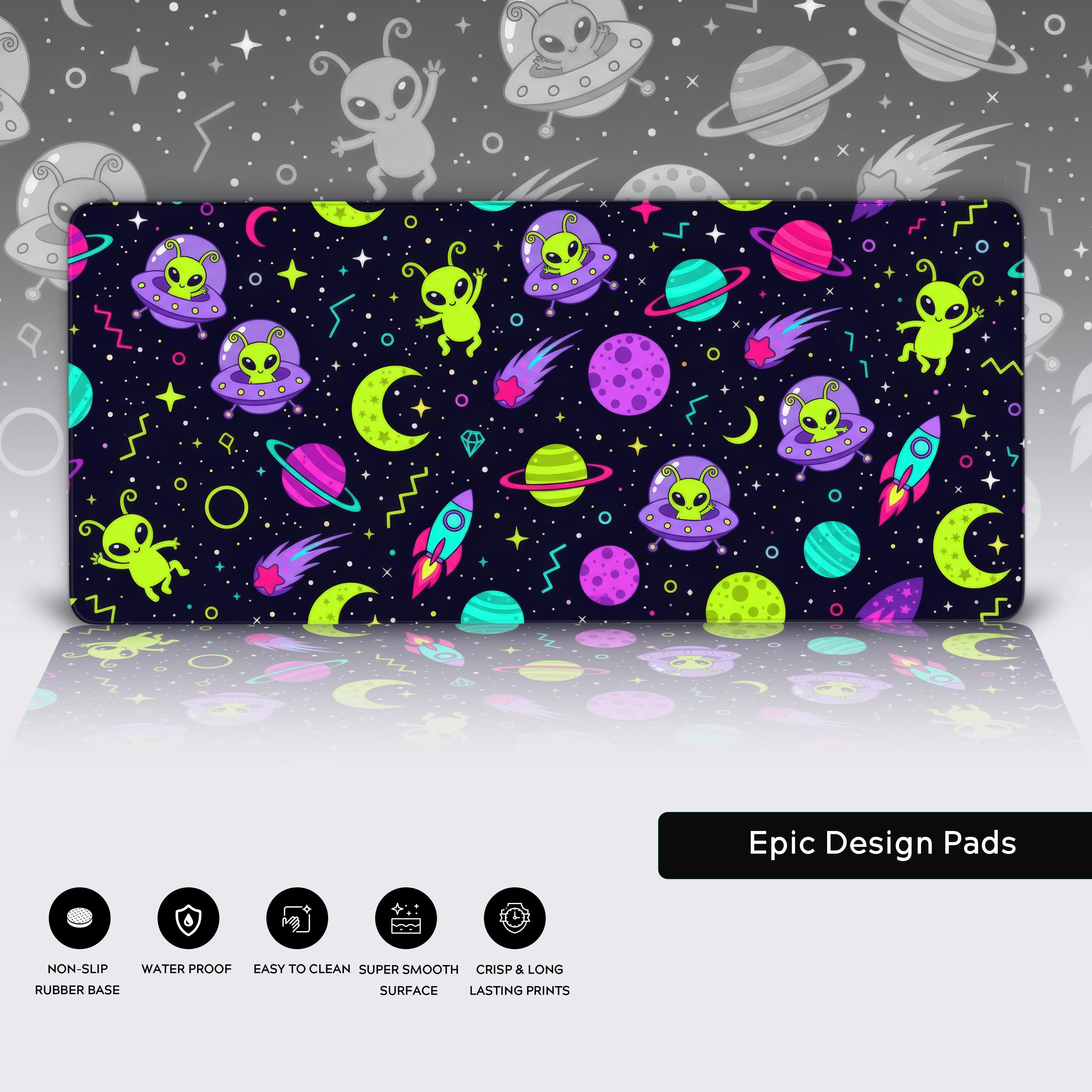 Close-up of the Cosmic Critters alien desk mat highlighting the high-quality stitched edges, smooth surface, and non-slip rubber base. - Epic Design Pads