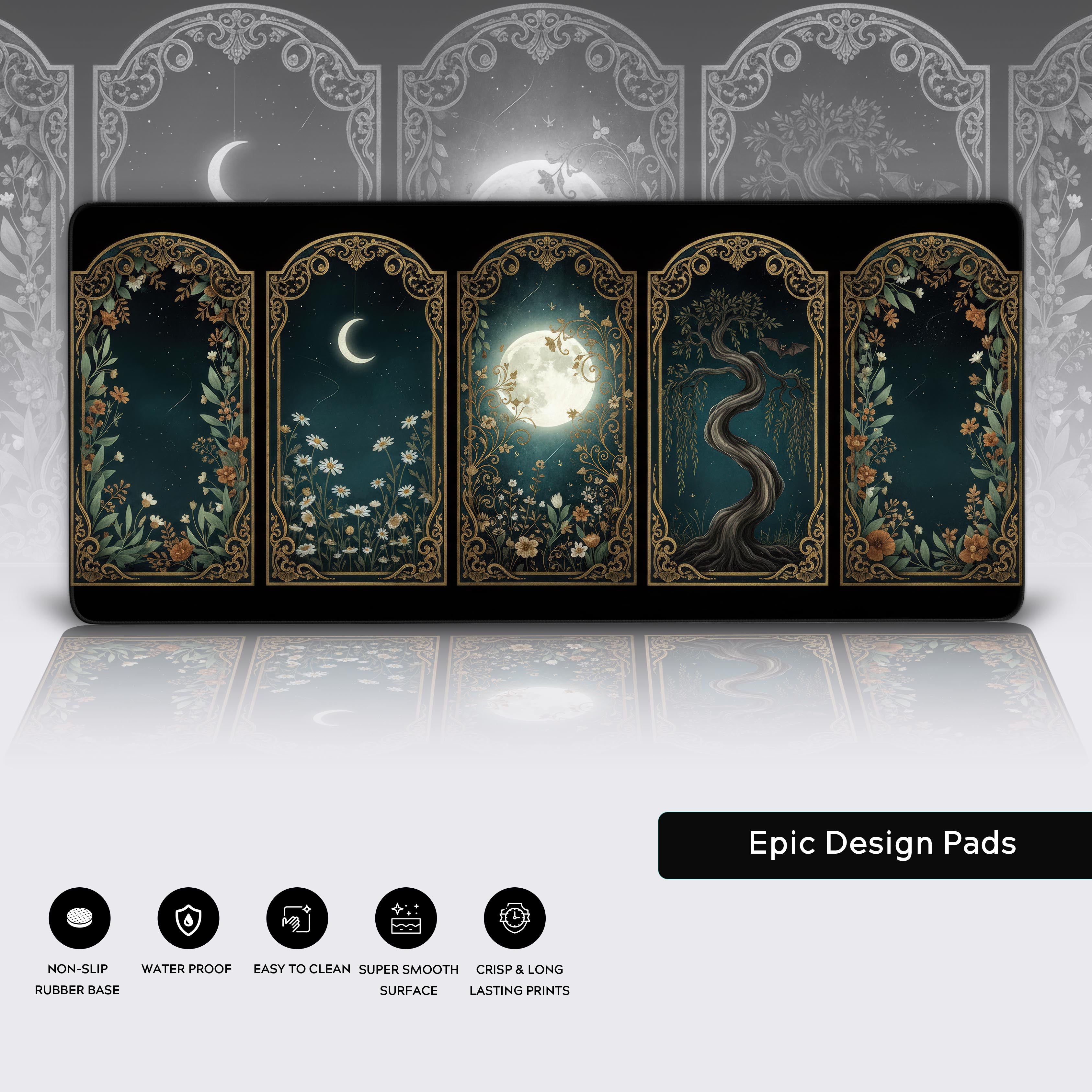 Nocturne Panels Art Nouveau desk mat showcasing its stitched edges and smooth, water-resistant surface with a non-slip rubber base. - Epic Design Pads