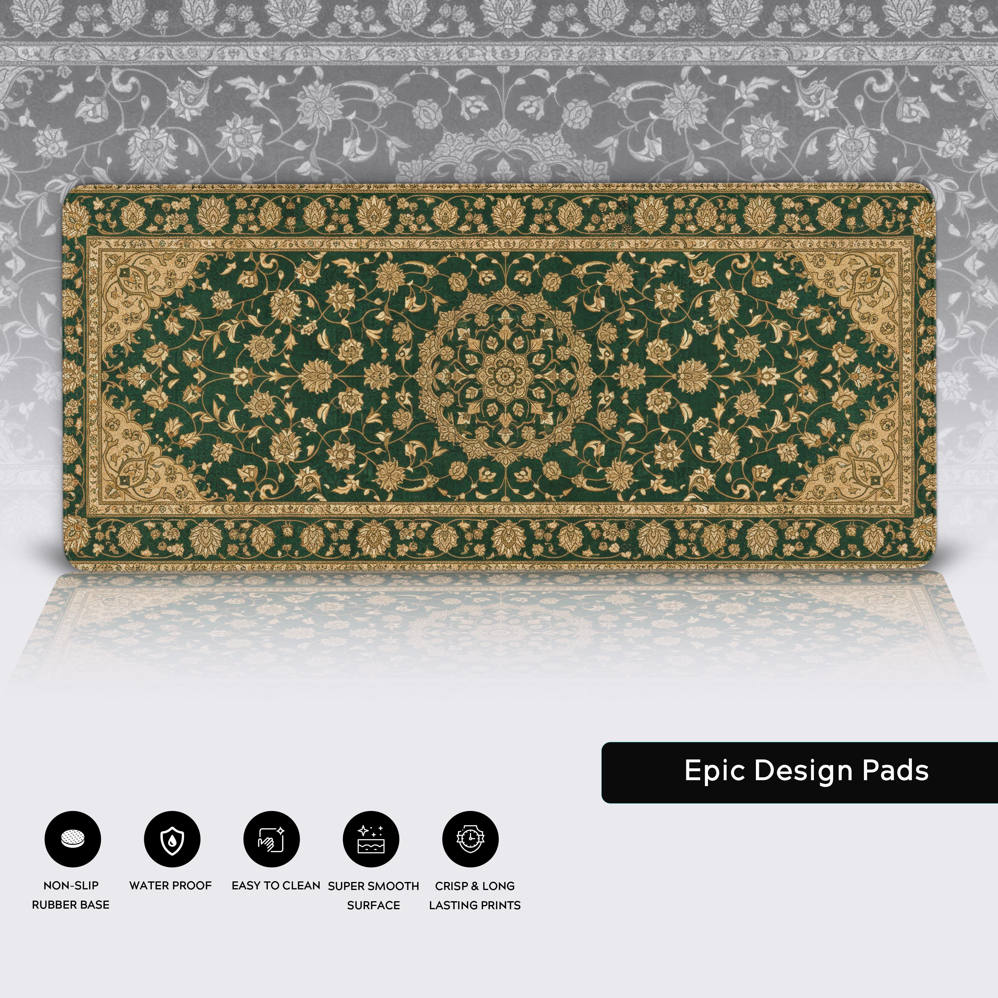 Close-up of the Persian emerald desk mat showcasing the intricate vintage pattern, durable stitched edges, and non-slip rubber base. - Epic Design Pads