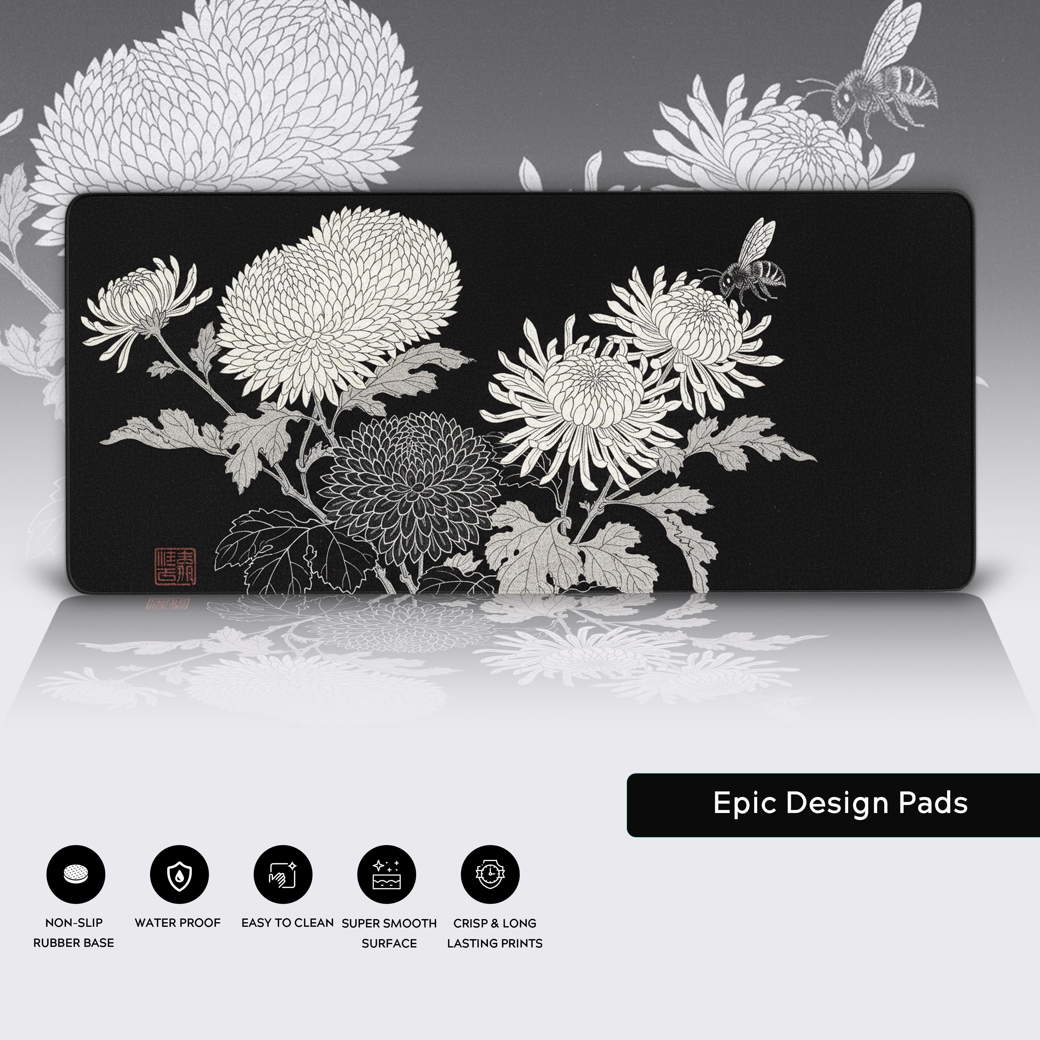 Close-up of the Kiku Bloom Japanese desk mat showing the durable stitched edges, waterproof surface, and non-slip rubber base. - Epic Design Pads