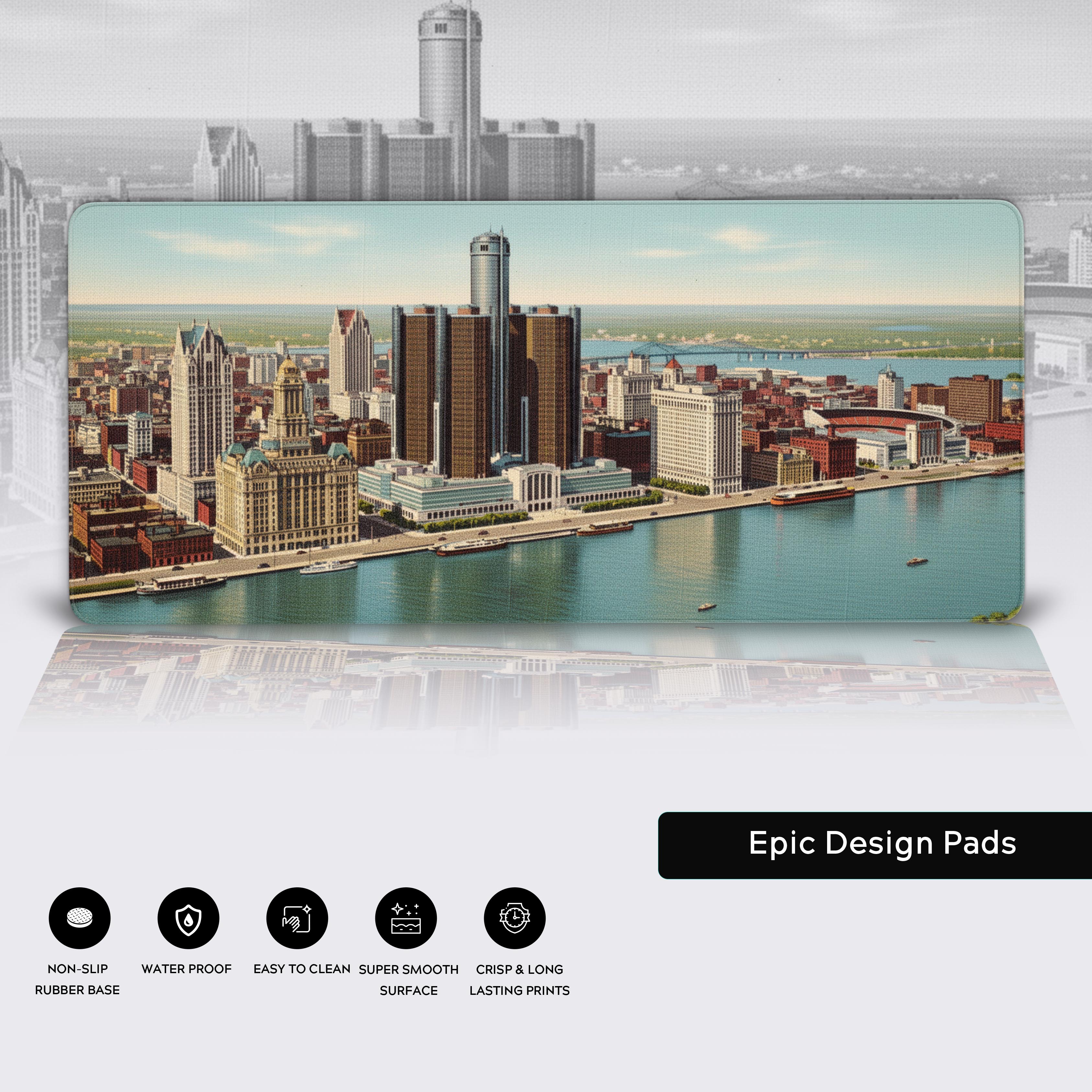 Close-up of the Vintage Detroit desk mat highlighting the waterproof surface, stitched edges, and non-slip rubber base. - Epic Design Pads