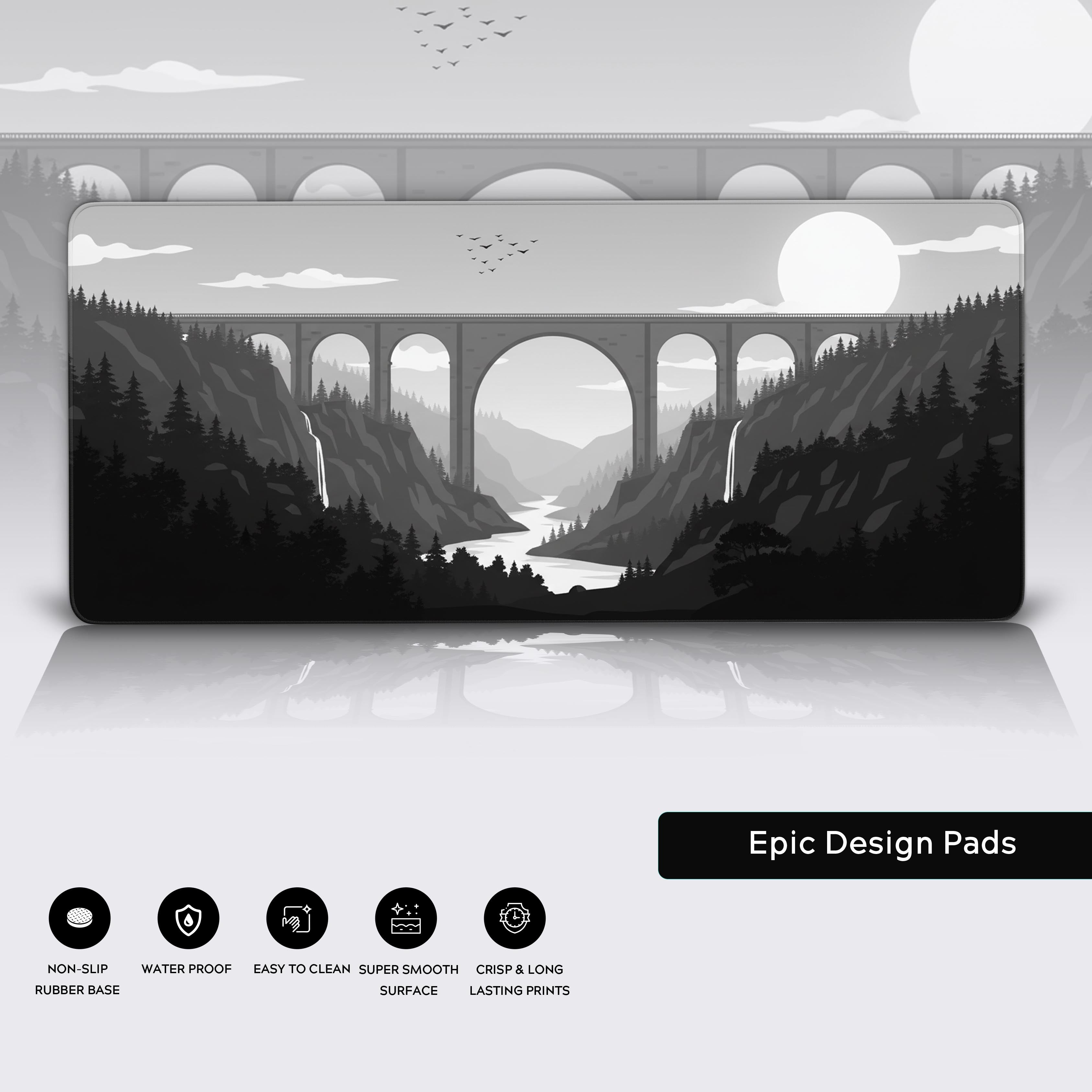 Close-up of the monochrome viaduct desk mat highlighting its waterproof surface, durable stitched edges, and non-slip rubber base. - Epic Design Pads