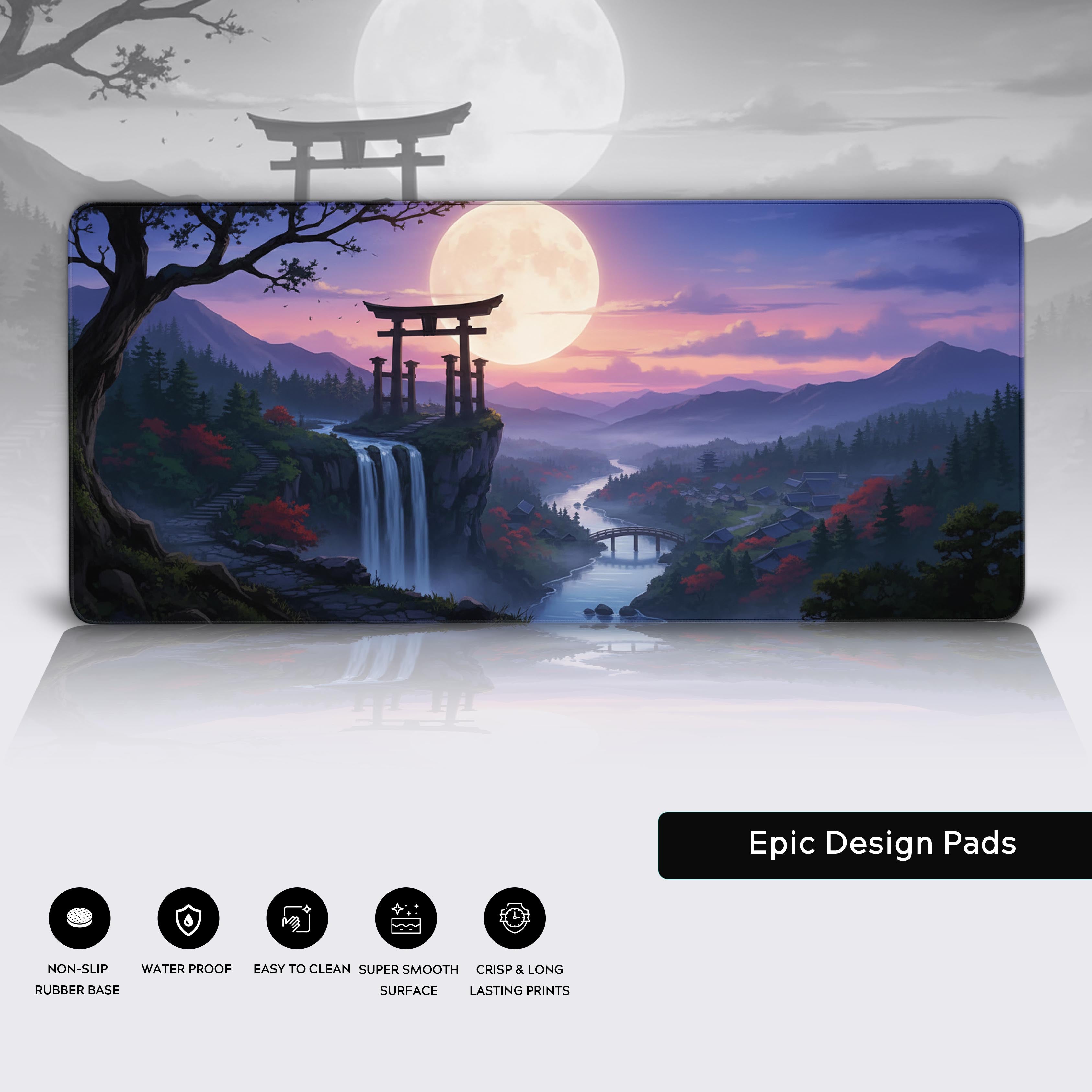 Whispering Falls Japanese desk mat showcasing product features – close-up of the waterproof surface, stitched edges, and non-slip rubber base. - Epic Design Pads