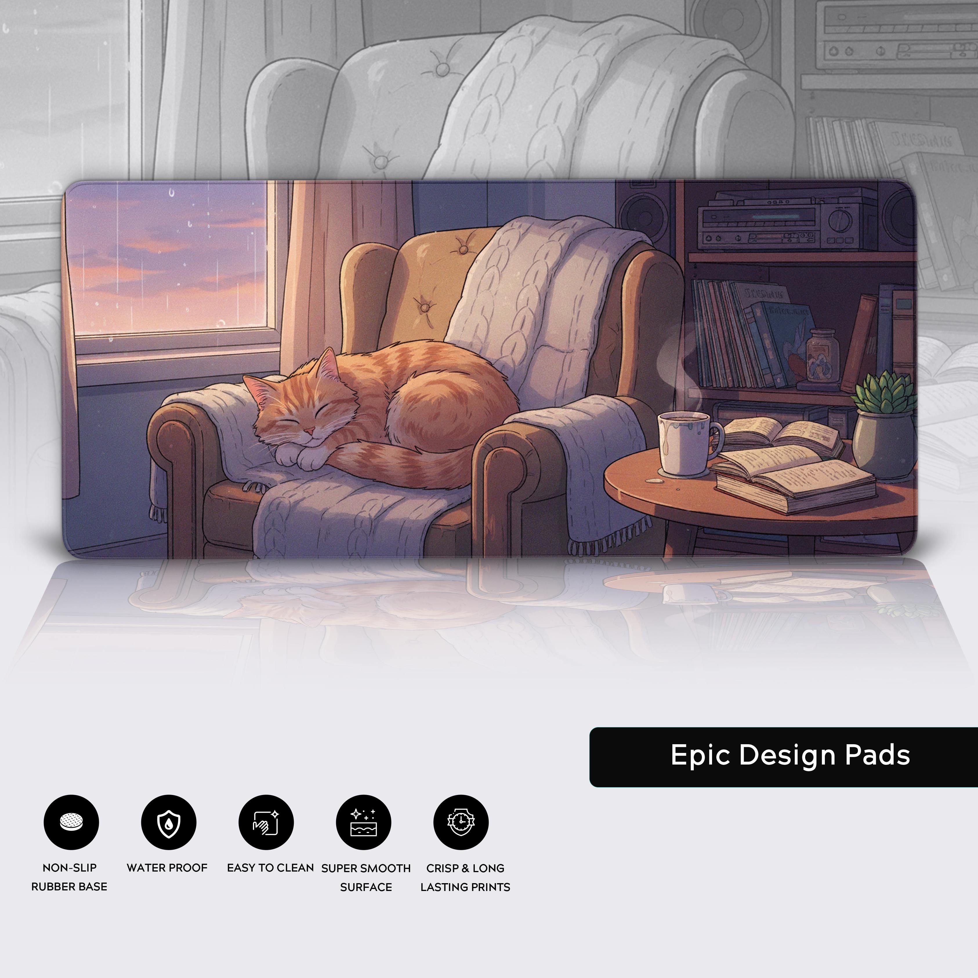 Cozy Naps cat desk mat highlighting its premium features, including the smooth waterproof surface, stitched edges, and non-slip rubber base. - Epic Design Pads
