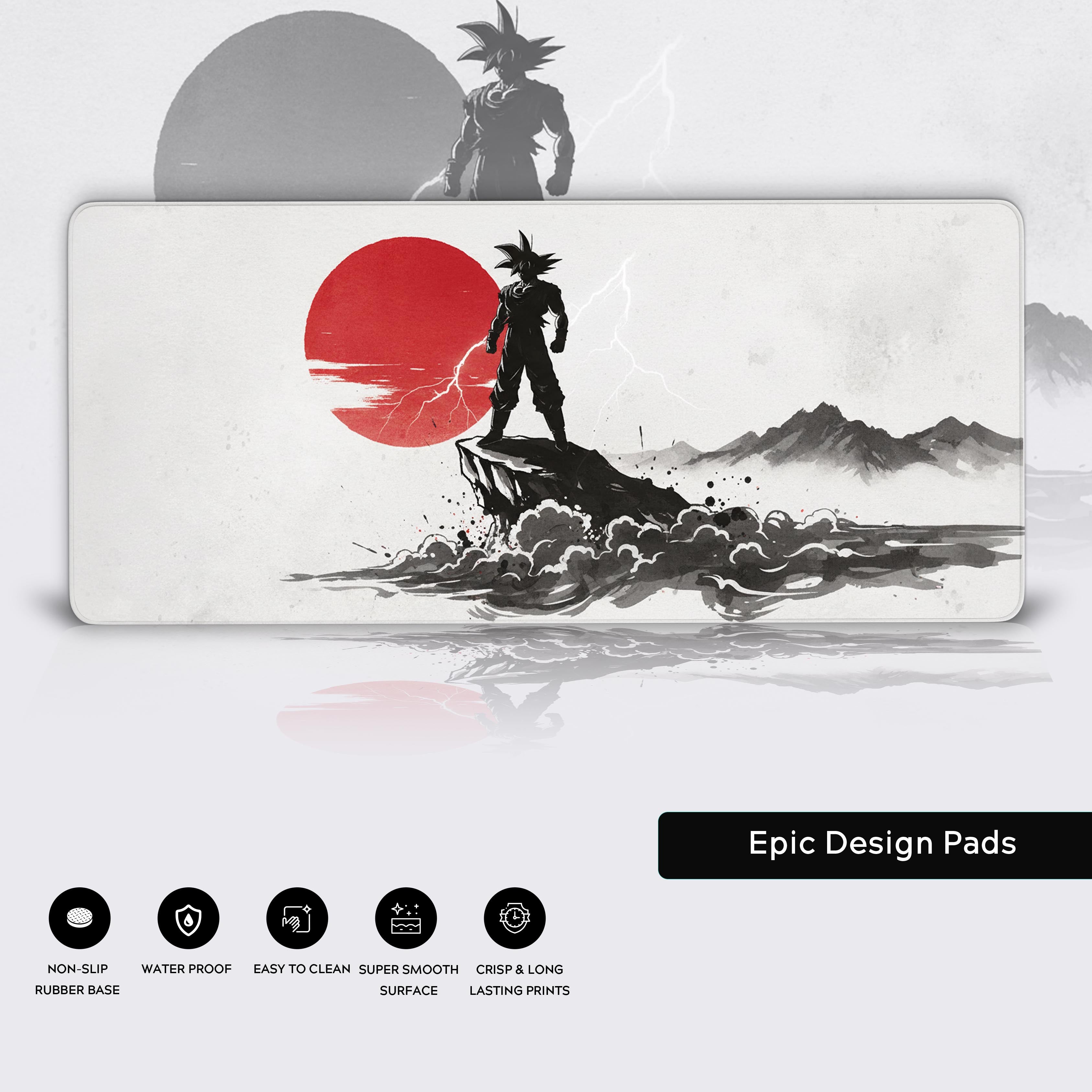 Saiyan's Stand anime desk mat with warrior design – gaming mouse pad showcasing stitched edges and a non-slip rubber base. - Epic Design Pads