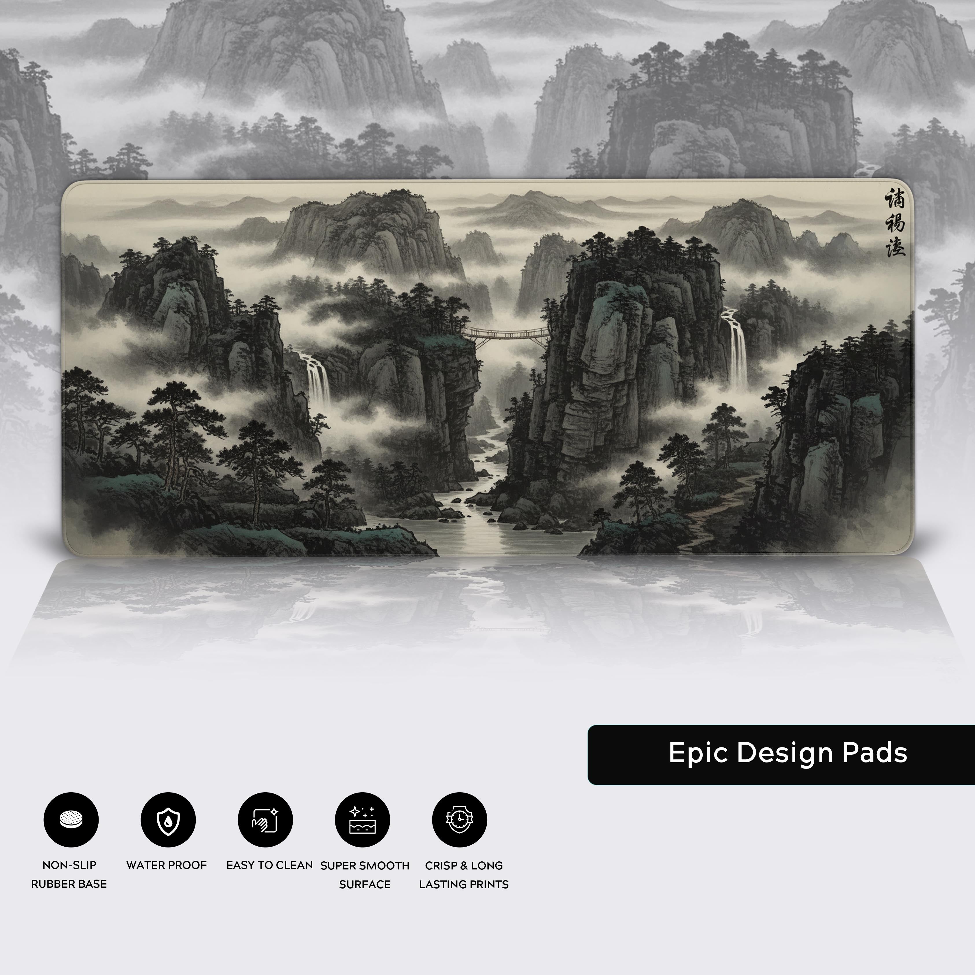 Japanese art desk mat showcasing the durable stitched edges, waterproof surface, and non-slip rubber base for stability. - Epic Design Pads