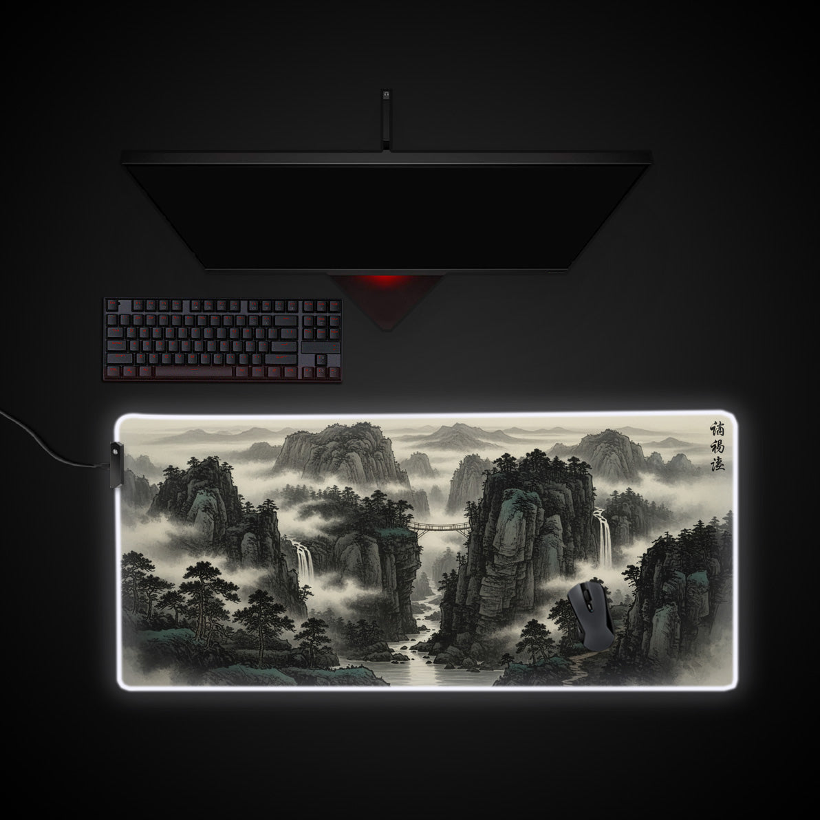 Mountain Serenity desk mat with RGB edge lighting