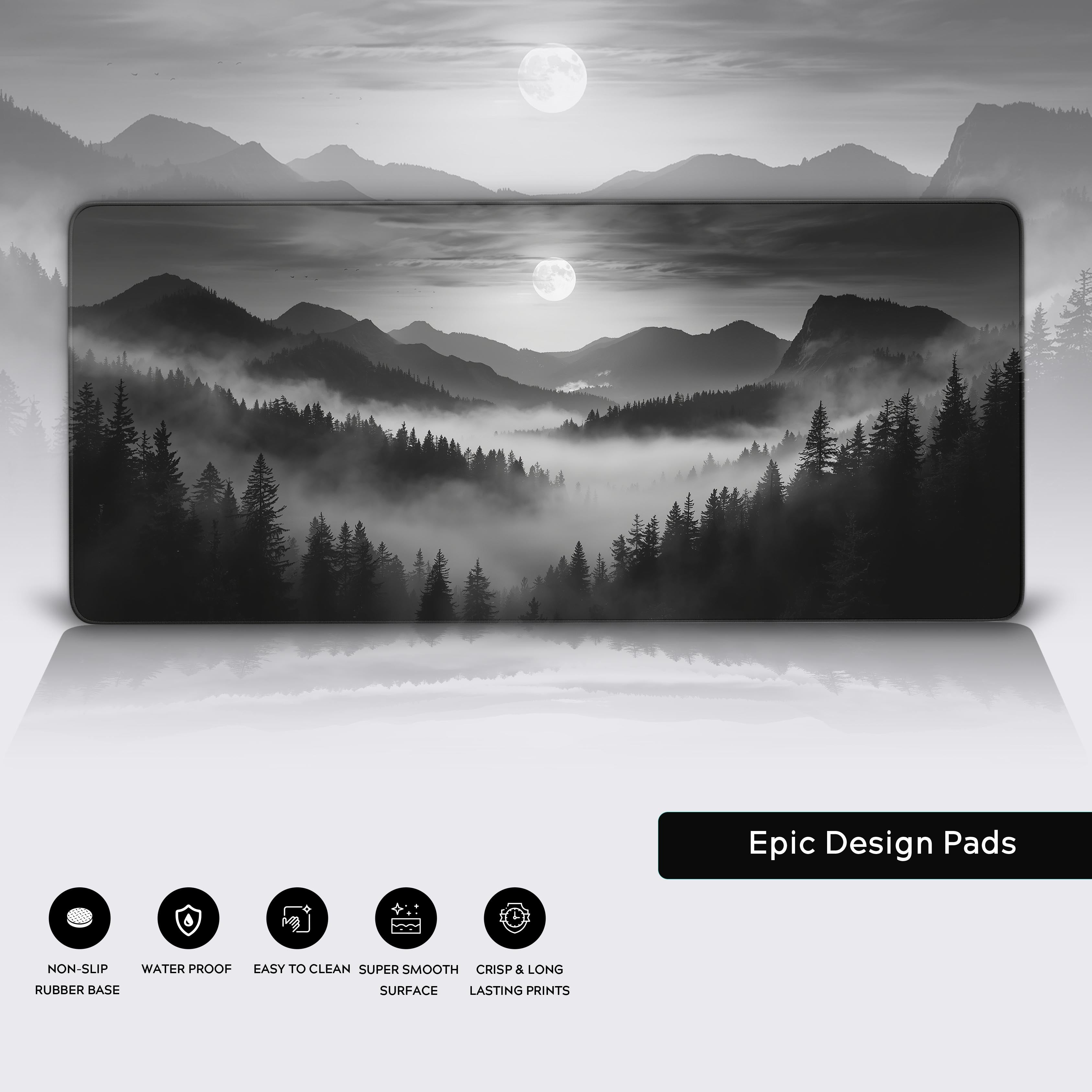 Close-up of the Misty Mountains desk mat showcasing its durable stitched edges, smooth water-resistant surface, and non-slip rubber base. - Epic Design Pads