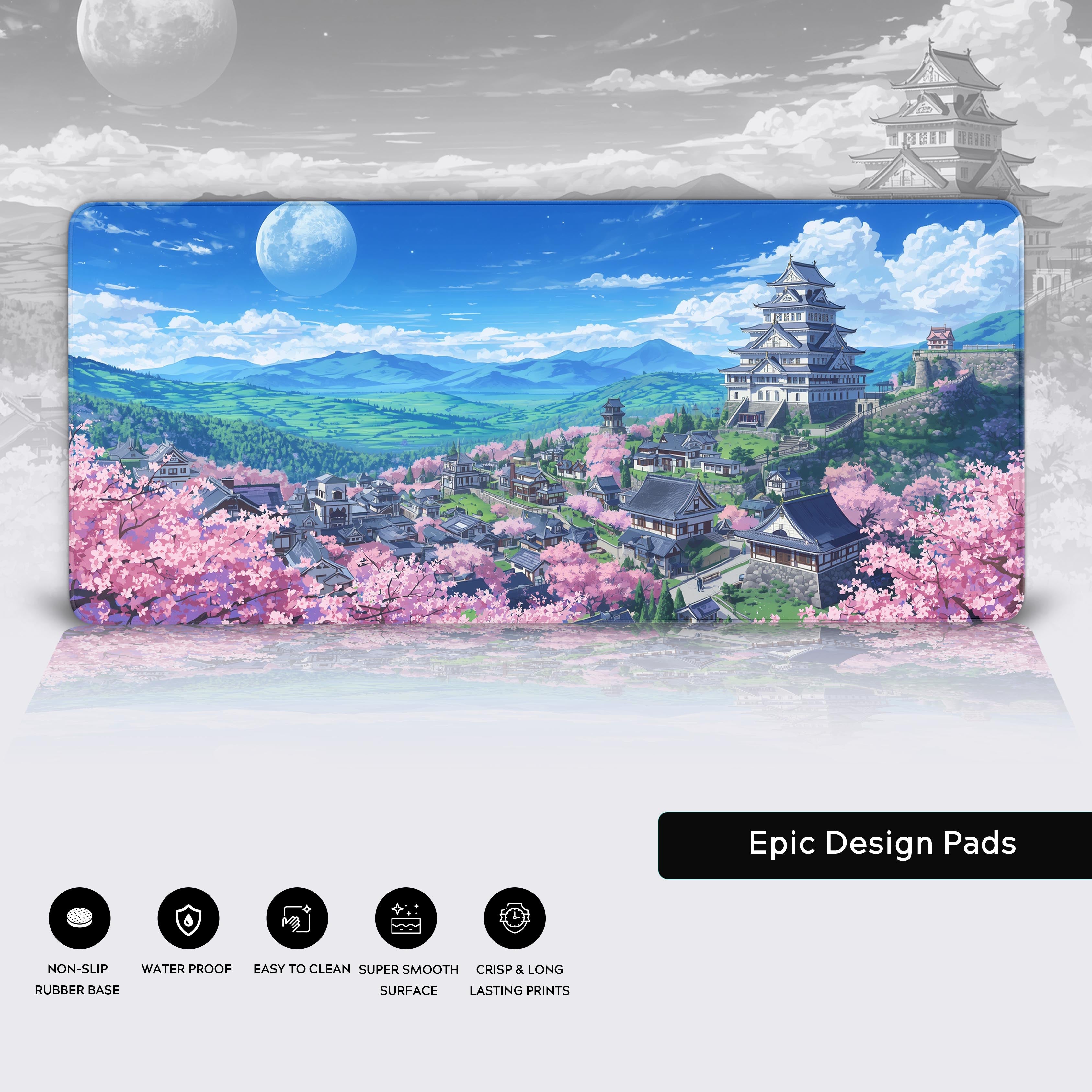 Japanese Sakura Castle desk mat showing high-quality stitched edges, waterproof surface, and a non-slip rubber base for gaming. - Epic Design Pads