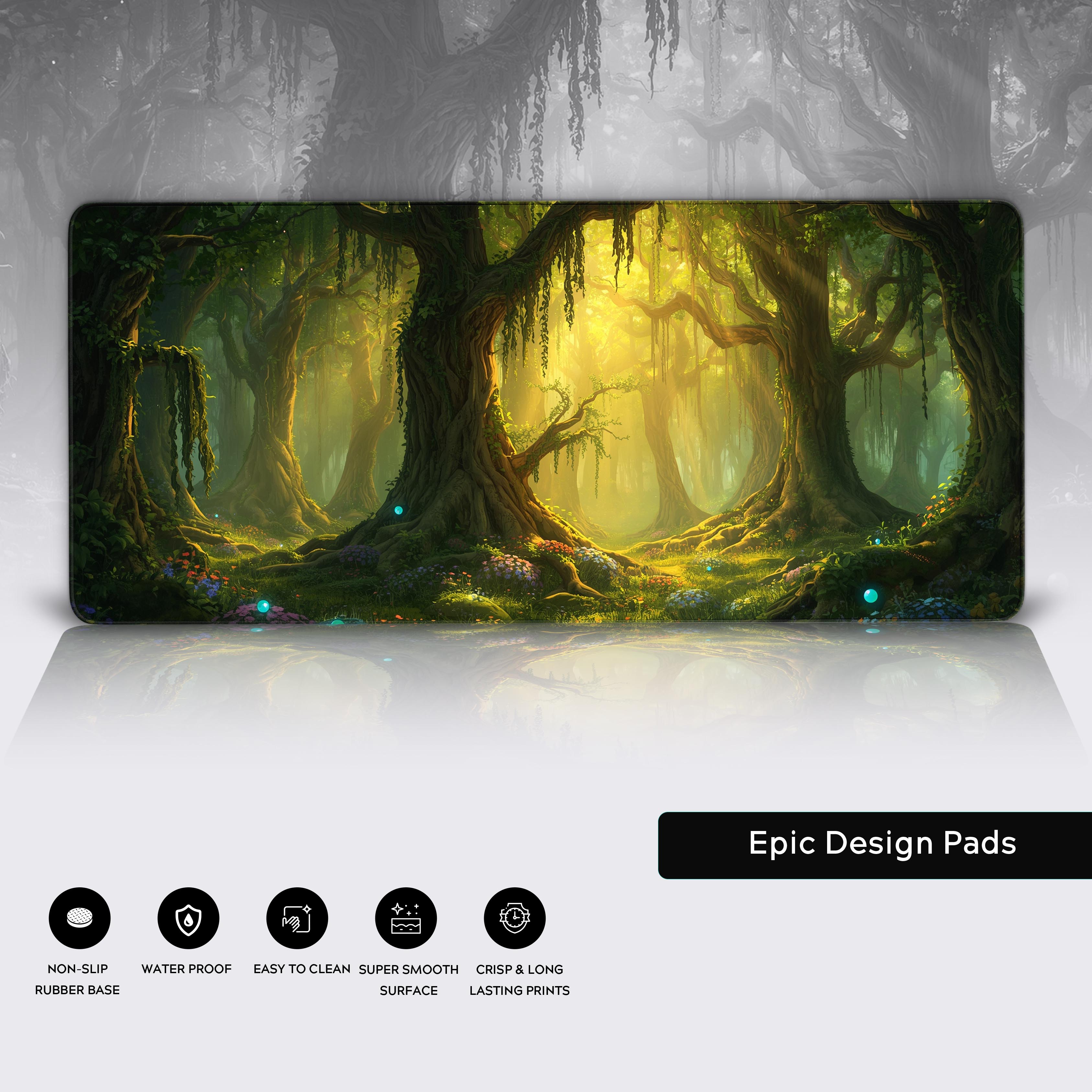 Close-up of the Mystic Forest desk mat showing the waterproof surface, stitched edges, and non-slip rubber base for precision gaming. - Epic Design Pads