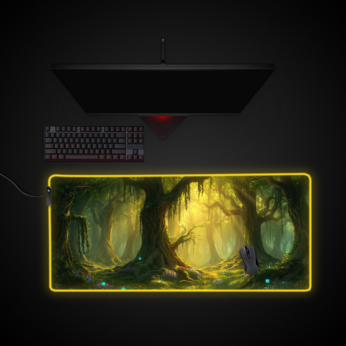 Mystic Forest desk mat with RGB edge lighting