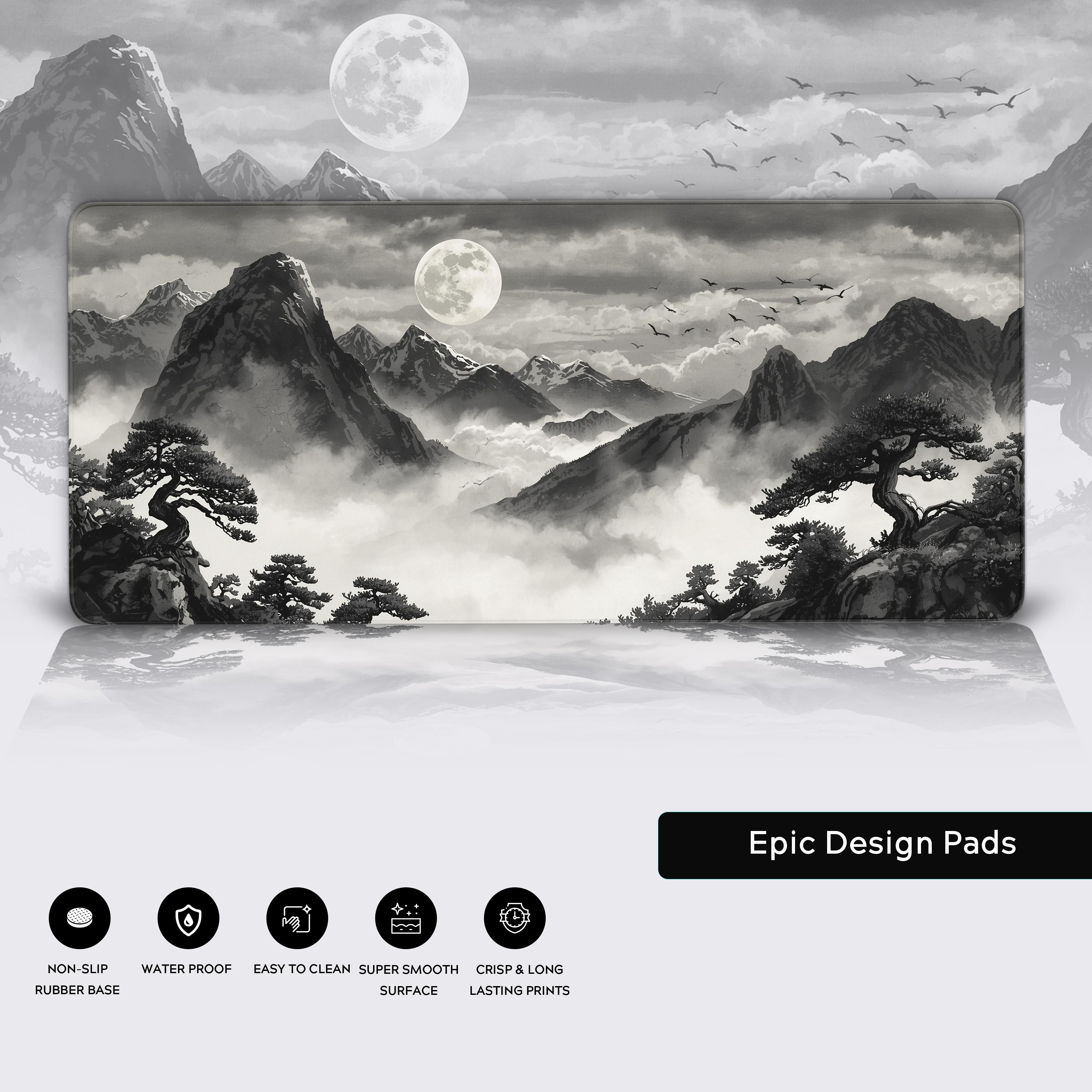 Close-up of the Ink Wash Valley desk mat highlighting its premium stitched edges, smooth fabric surface, and non-slip rubber base. - Epic Design Pads