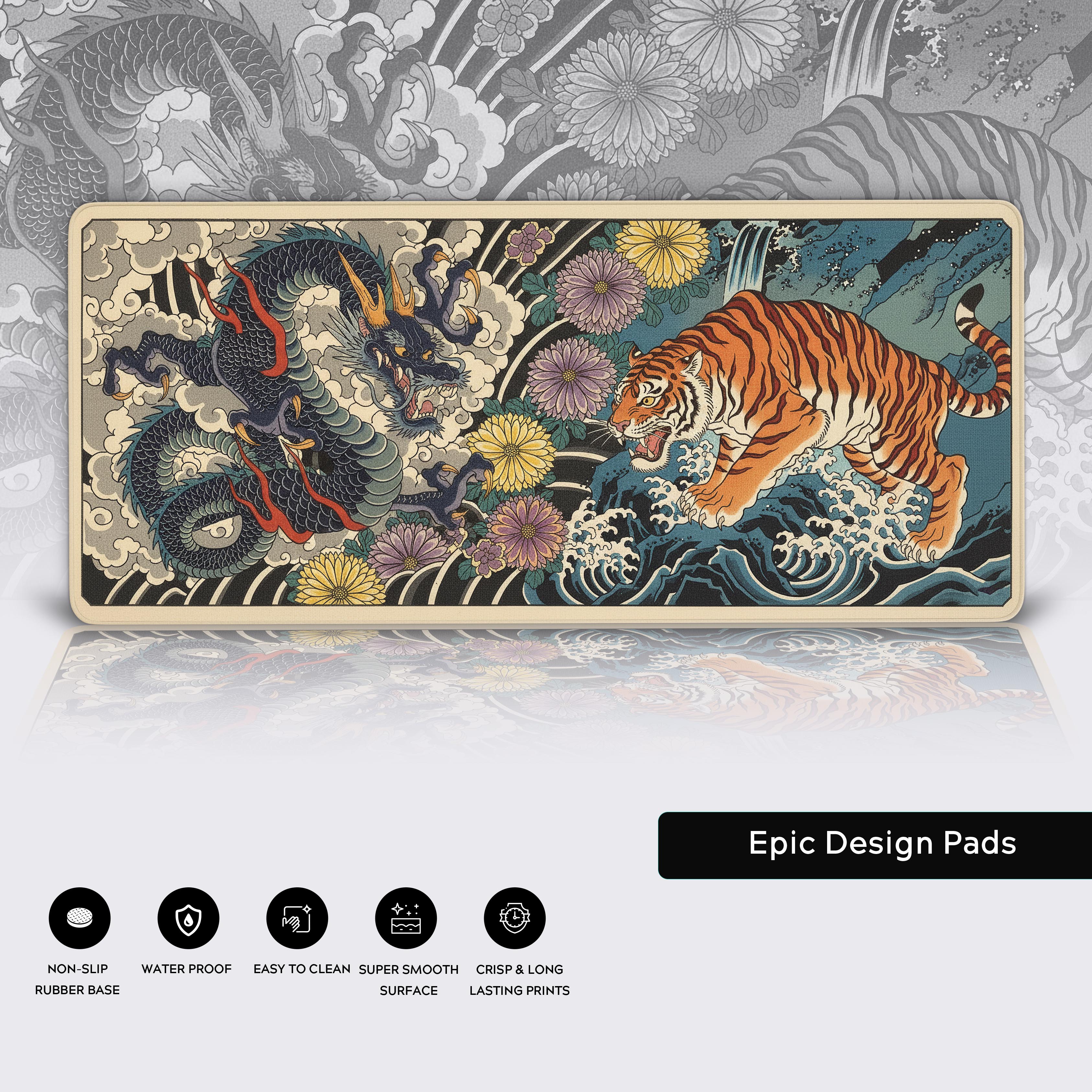 Close-up of the Primal Balance Japanese desk mat showing its high-quality waterproof surface, stitched edges, and non-slip rubber base. - Epic Design Pads