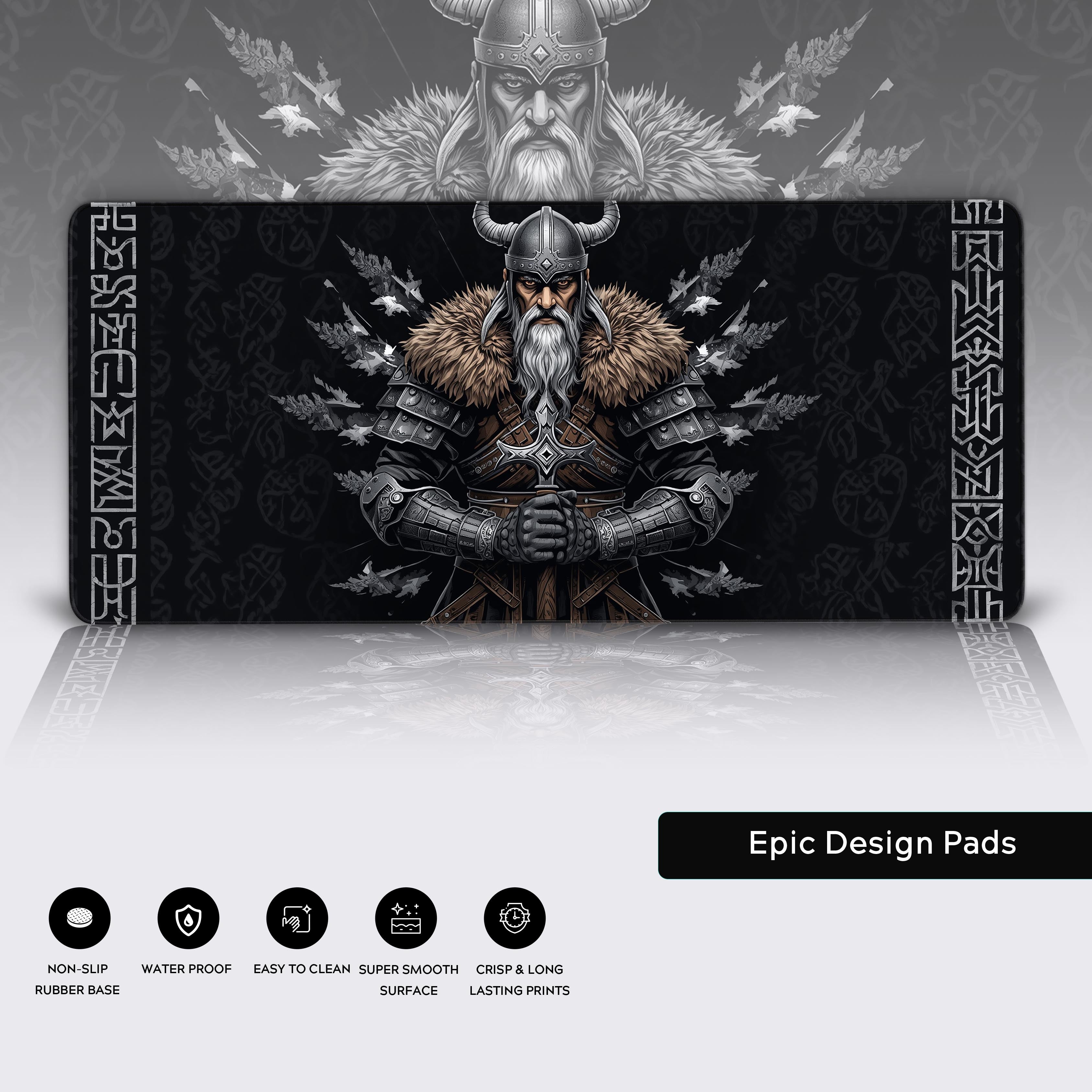 Viking Oath gaming desk mat showcasing details like water-resistant surface, stitched edges, and a non-slip rubber base for stability. - Epic Design Pads