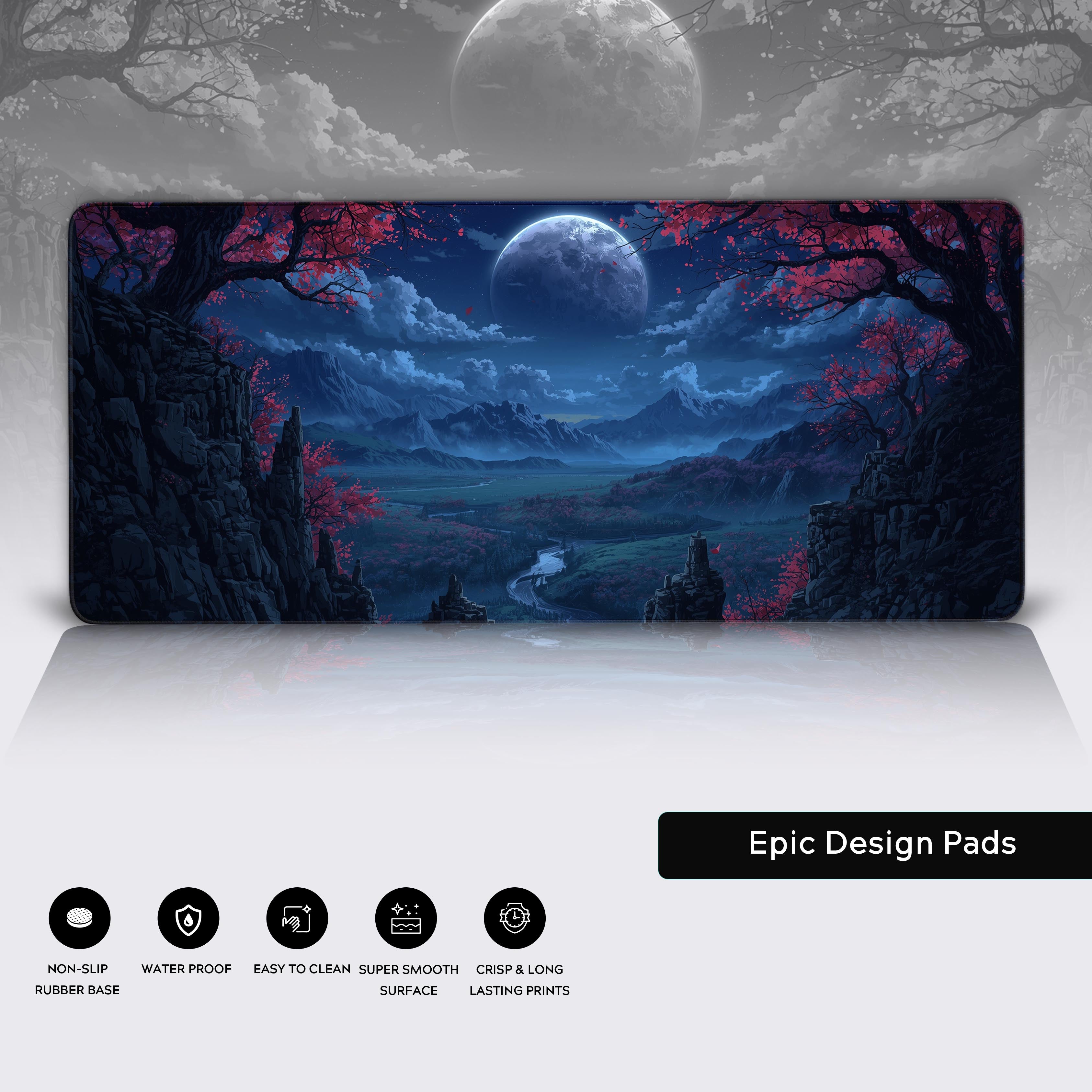Valley Bloom desk mat showcasing its smooth surface, stitched edges, and non-slip rubber base for gaming and office use. - Epic Design Pads