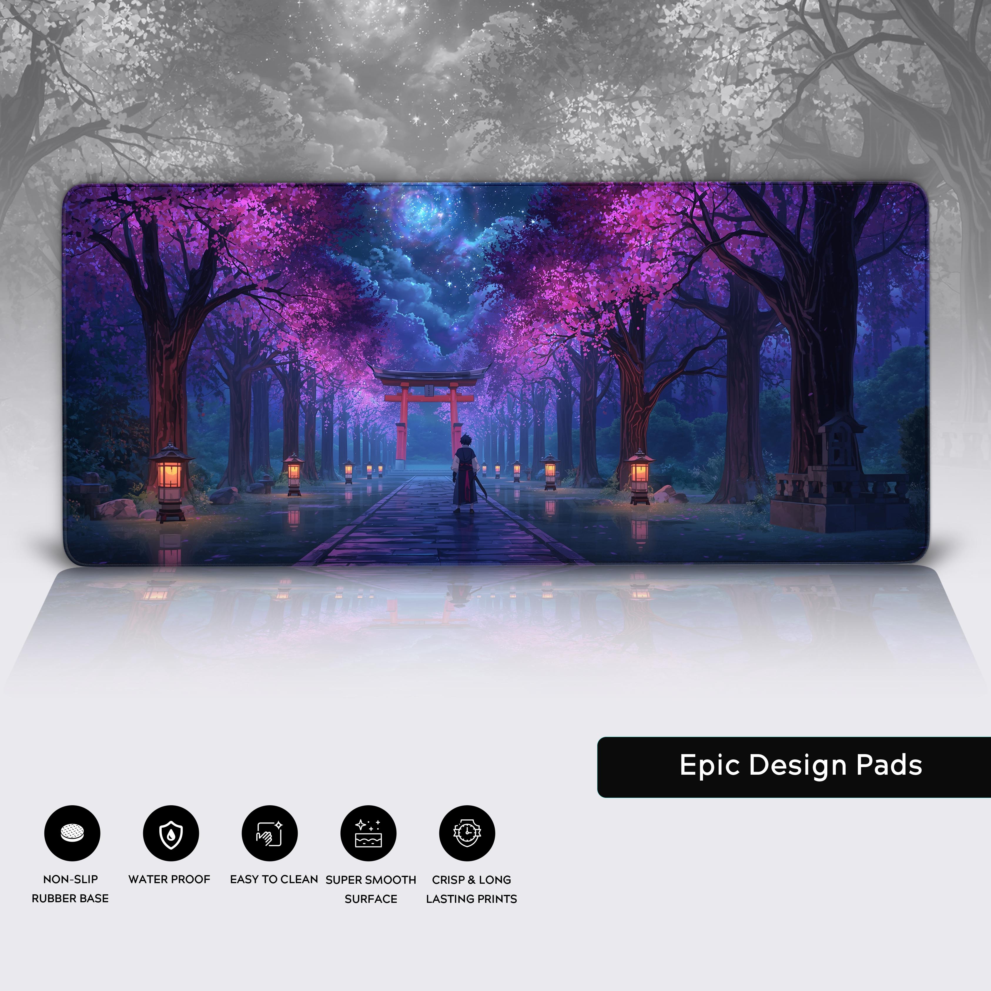 Close-up of the Sakura Shrine Path gaming mouse pad showing the premium stitched edges, water-resistant surface, and non-slip rubber base. - Epic Design Pads