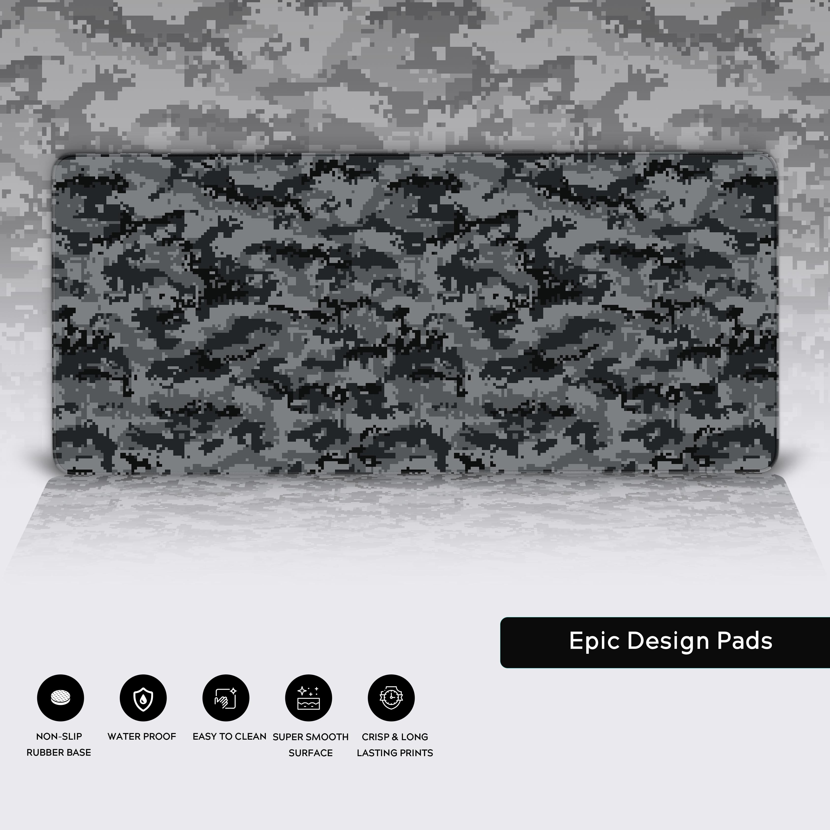 Close-up of the Pixel Gray Camo desk mat highlighting the durable stitched edges and non-slip rubber base. - Epic Design Pads