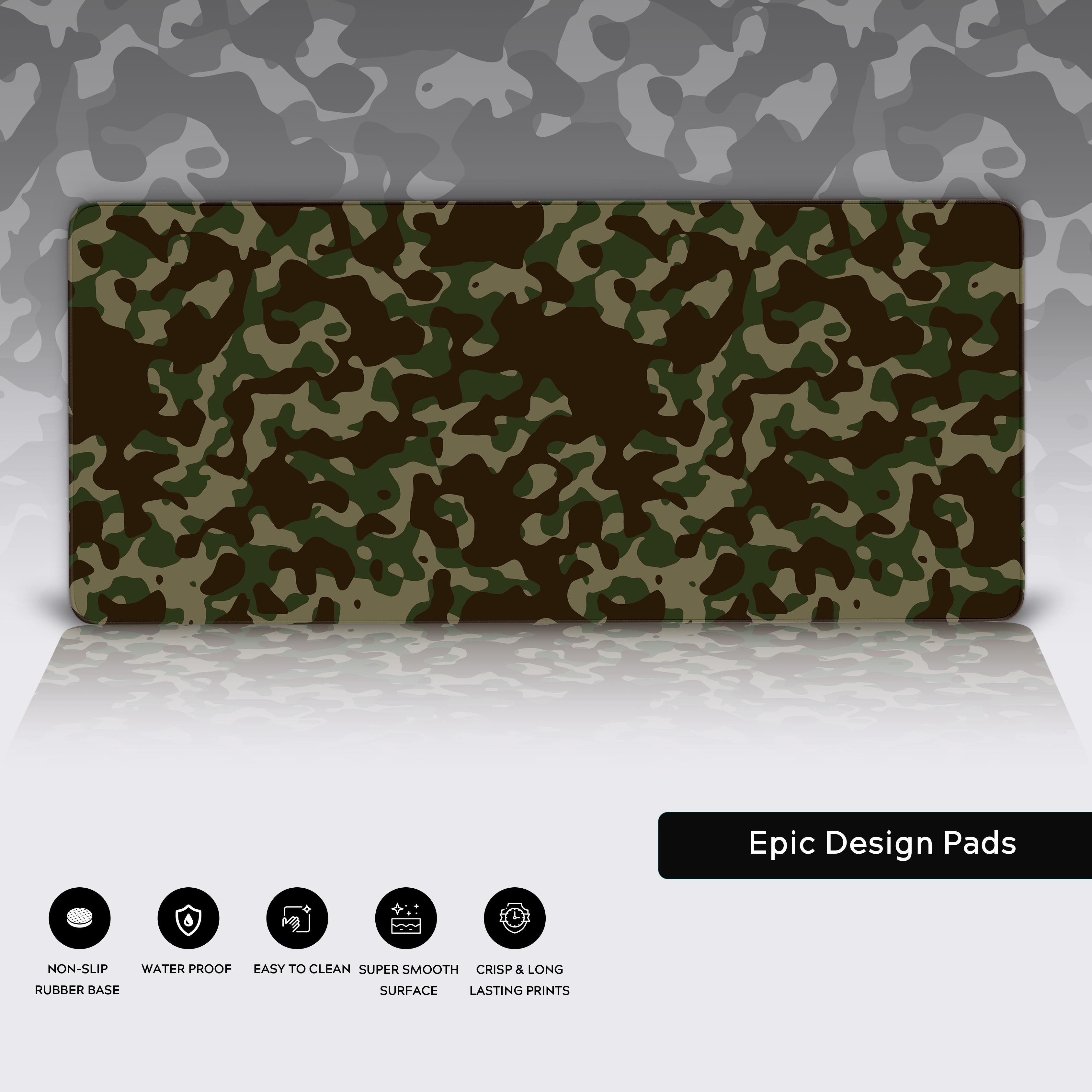 Woodland Camo mouse pad highlighting its premium features, including durable stitched edges, a water-resistant surface, and a non-slip rubber base. - Epic Design Pads