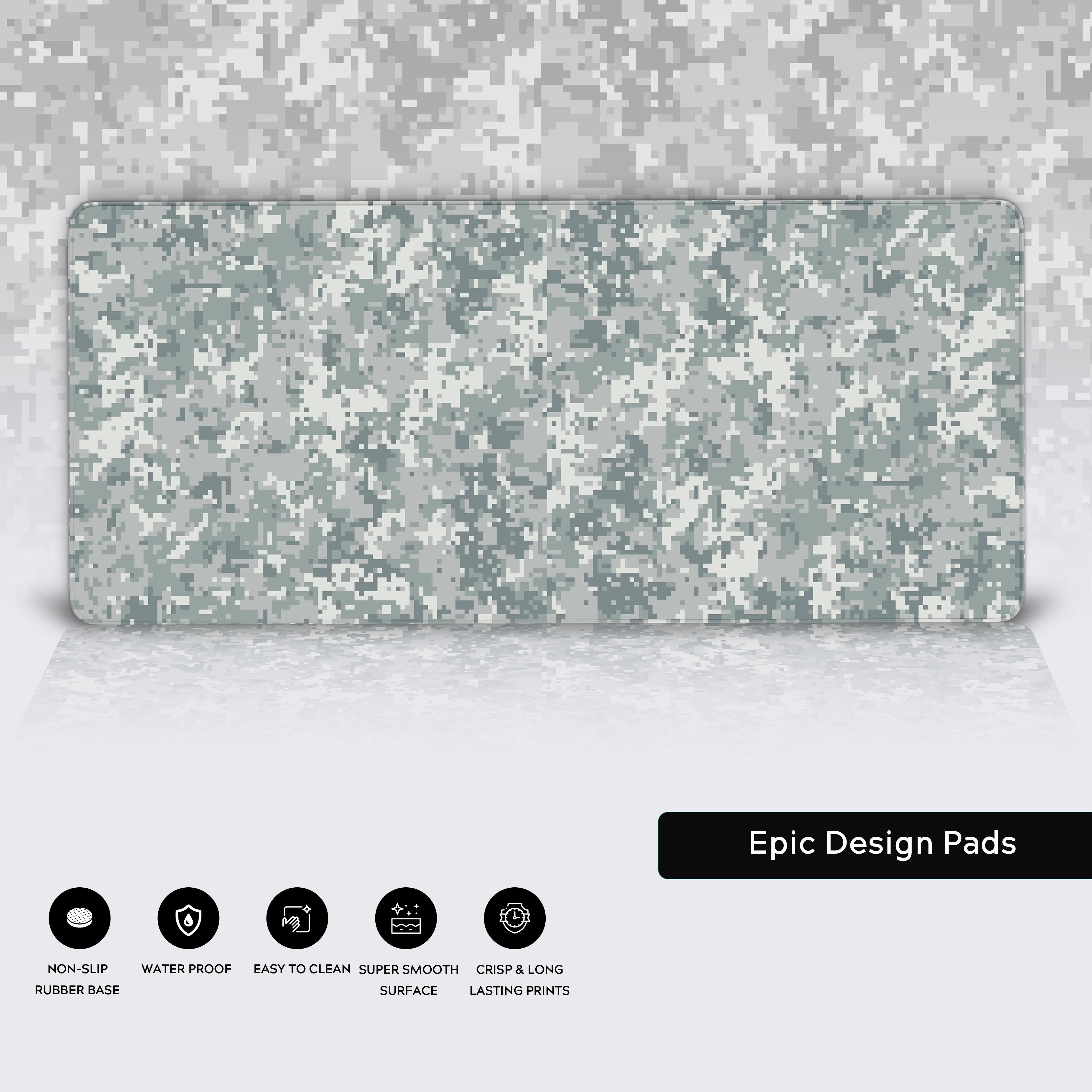 Close-up of the Frost Pixel Camo gaming desk mat highlighting its durable stitched edges, water-resistant surface, and non-slip rubber base. - Epic Design Pads