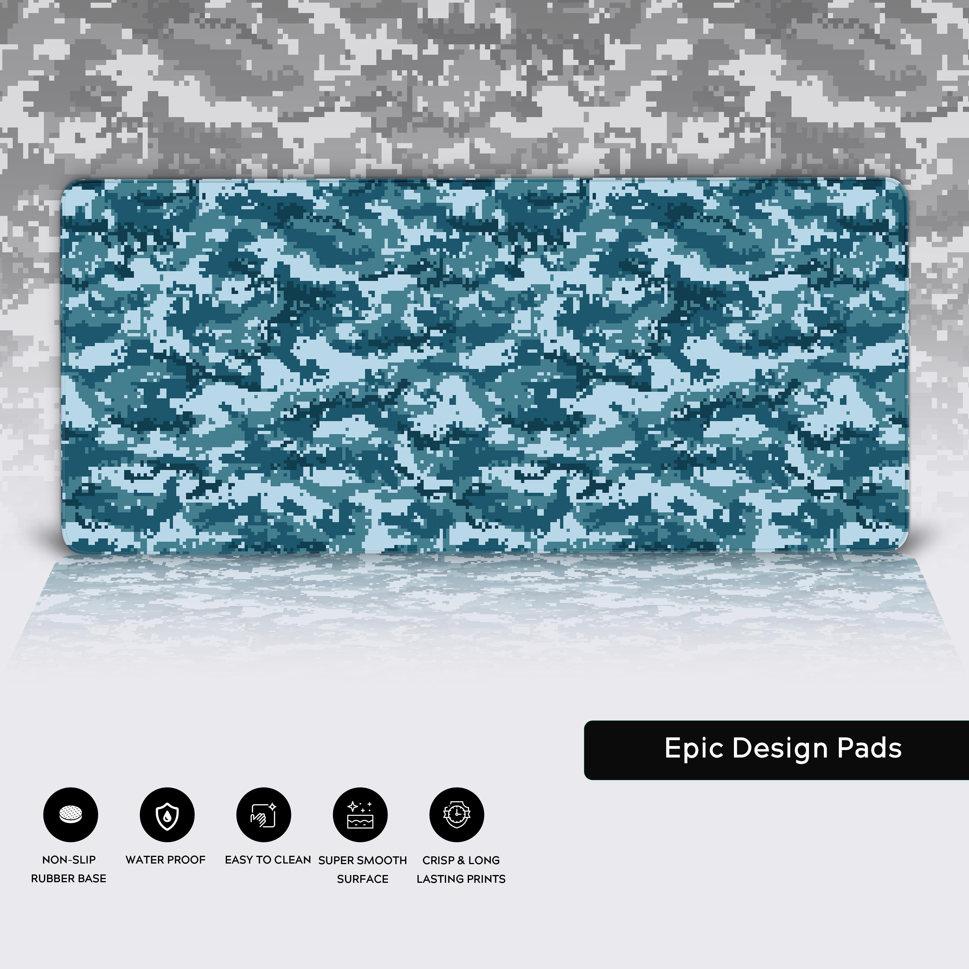 Close-up of the Aqua Pixel Camo desk mat highlighting its durable stitched edges, water-resistant surface, and non-slip rubber base. - Epic Design Pads