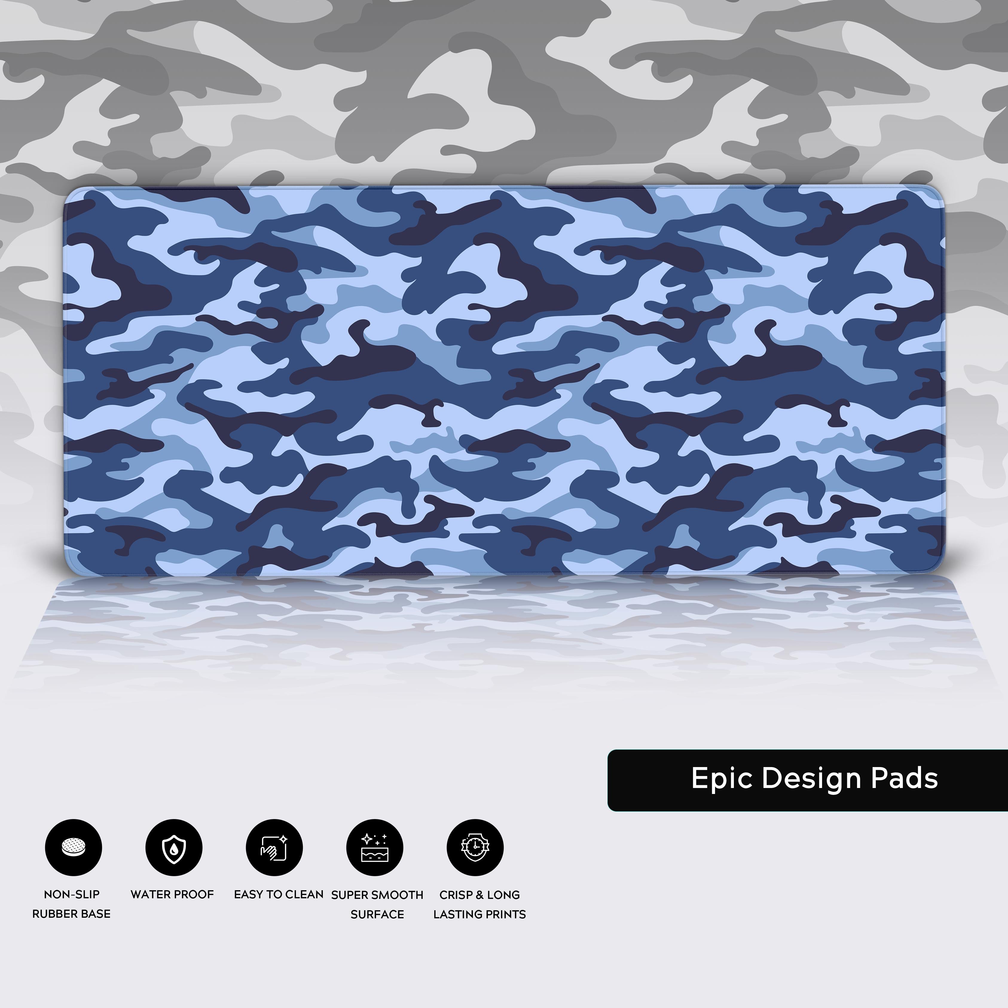 Ocean Camo desk mat highlighting its premium stitched edges, water-resistant surface, and non-slip rubber base. - Epic Design Pads